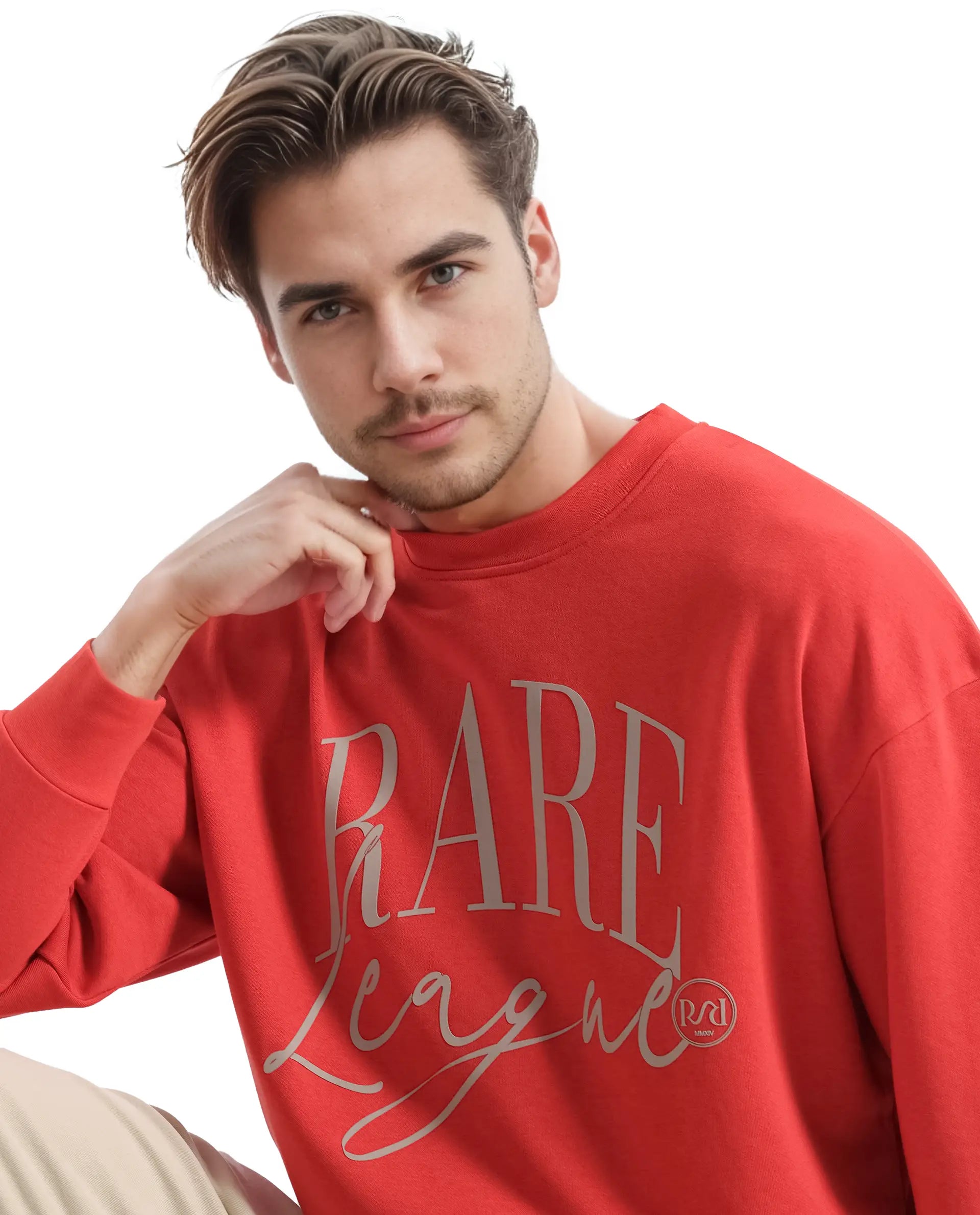 Rare Rabbit Men's Emro Orange Cotton Blend Fabric Full Sleeve Crew Neck Boxy Fit Printed Sweatshirt