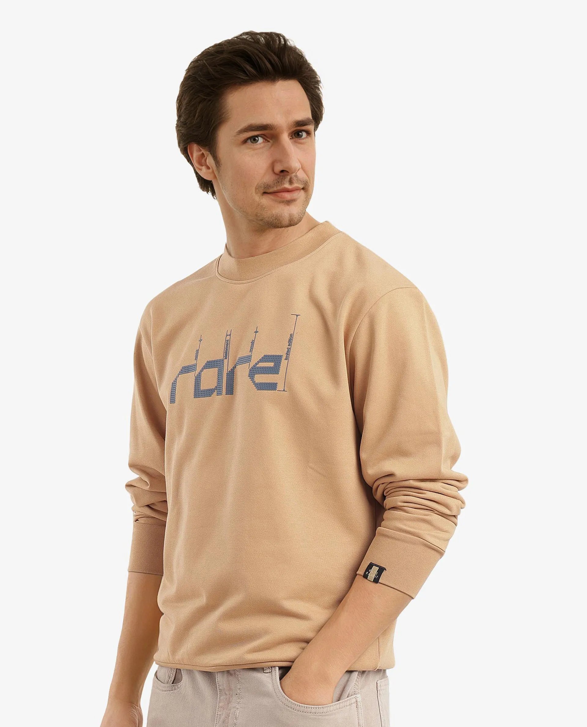 Rare Rabbit Men Emry Mustard Cotton Polyester Fabric Full Sleeve Crew Neck Regular Fit Printed Sweatshirt
