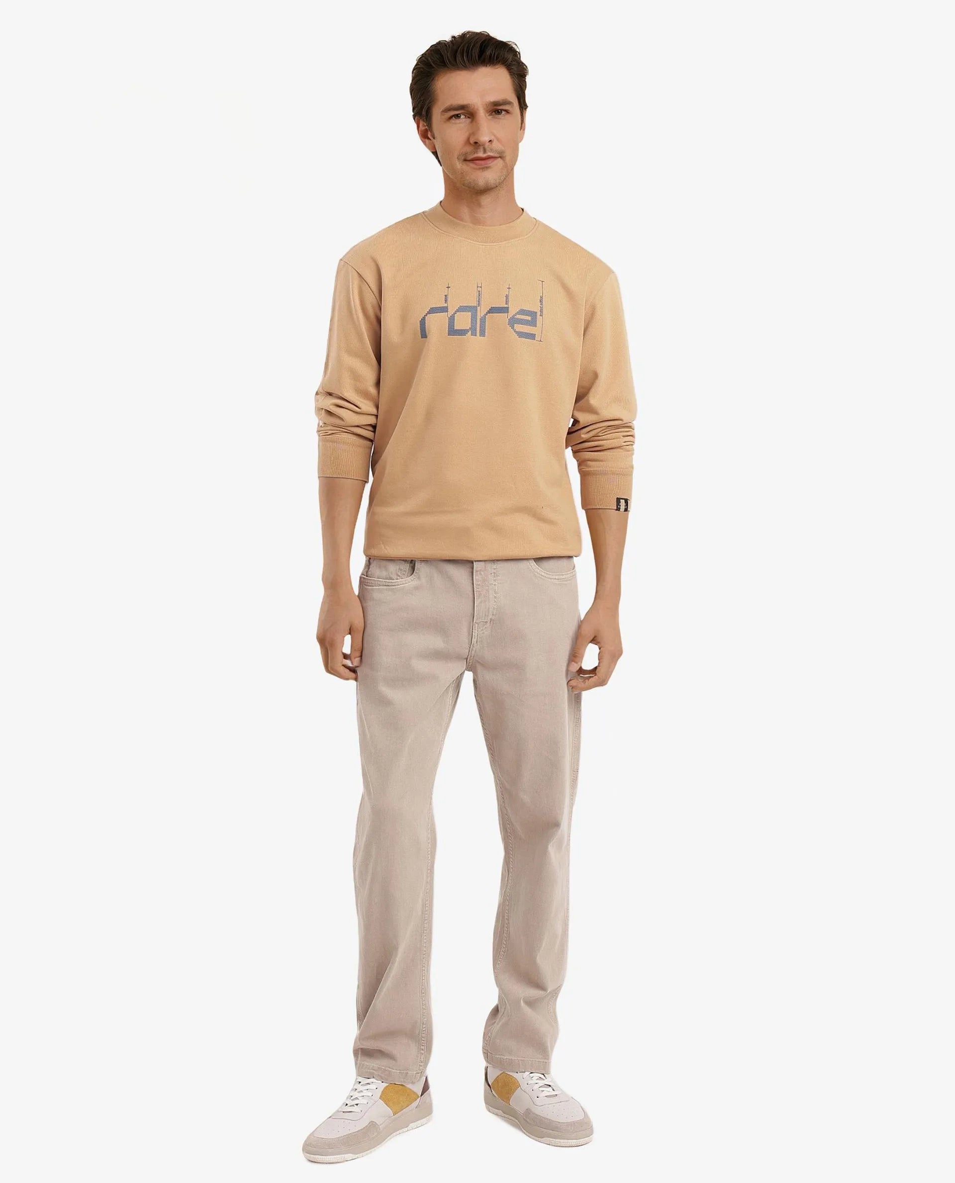 Rare Rabbit Men Emry Mustard Cotton Polyester Fabric Full Sleeve Crew Neck Regular Fit Printed Sweatshirt