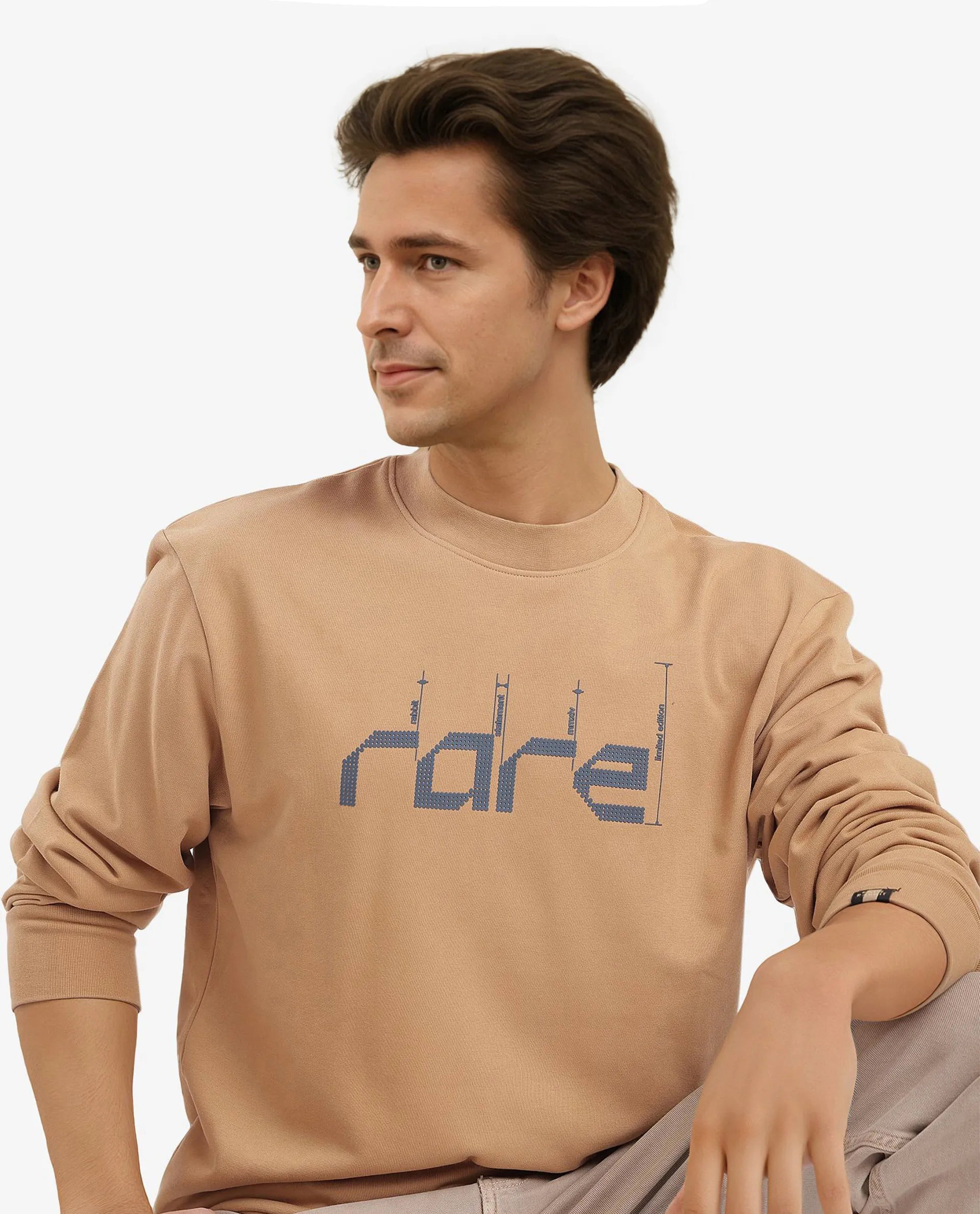 Rare Rabbit Men Emry Mustard Cotton Polyester Fabric Full Sleeve Crew Neck Regular Fit Printed Sweatshirt