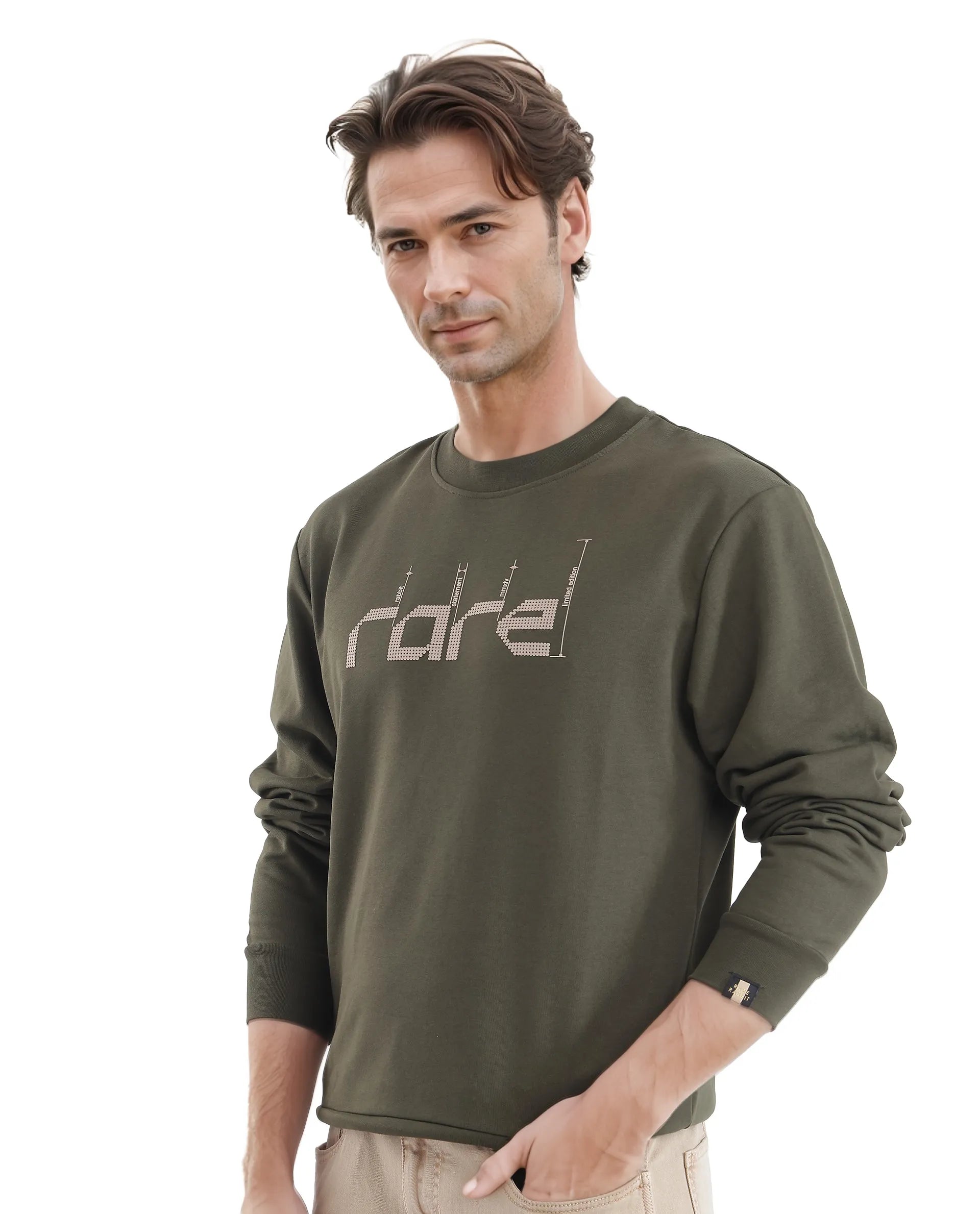 Rare Rabbit Men Emry Olive Cotton Polyester Fabric Full Sleeve Crew Neck Regular Fit Printed Sweatshirt