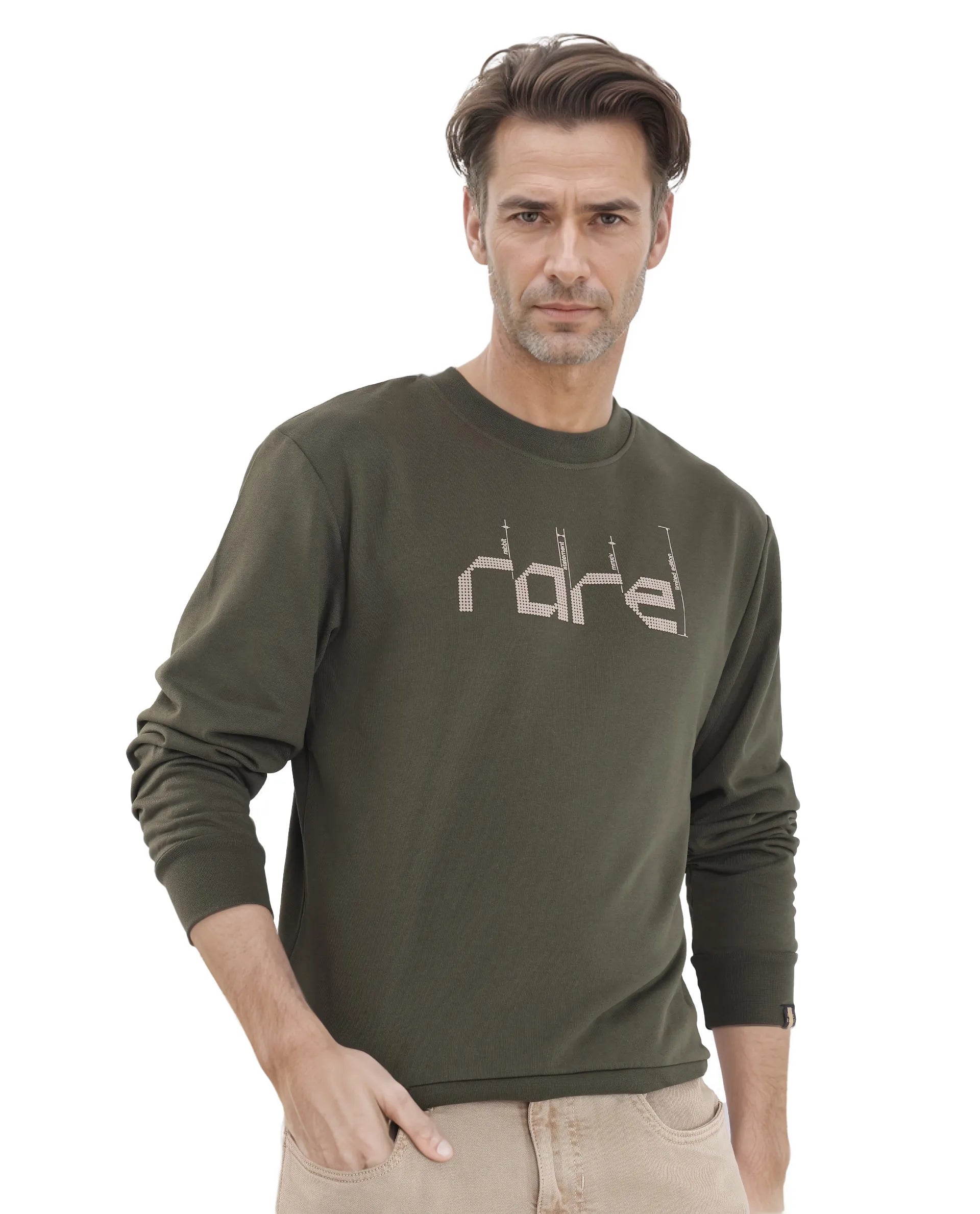 Rare Rabbit Men Emry Olive Cotton Polyester Fabric Full Sleeve Crew Neck Regular Fit Printed Sweatshirt