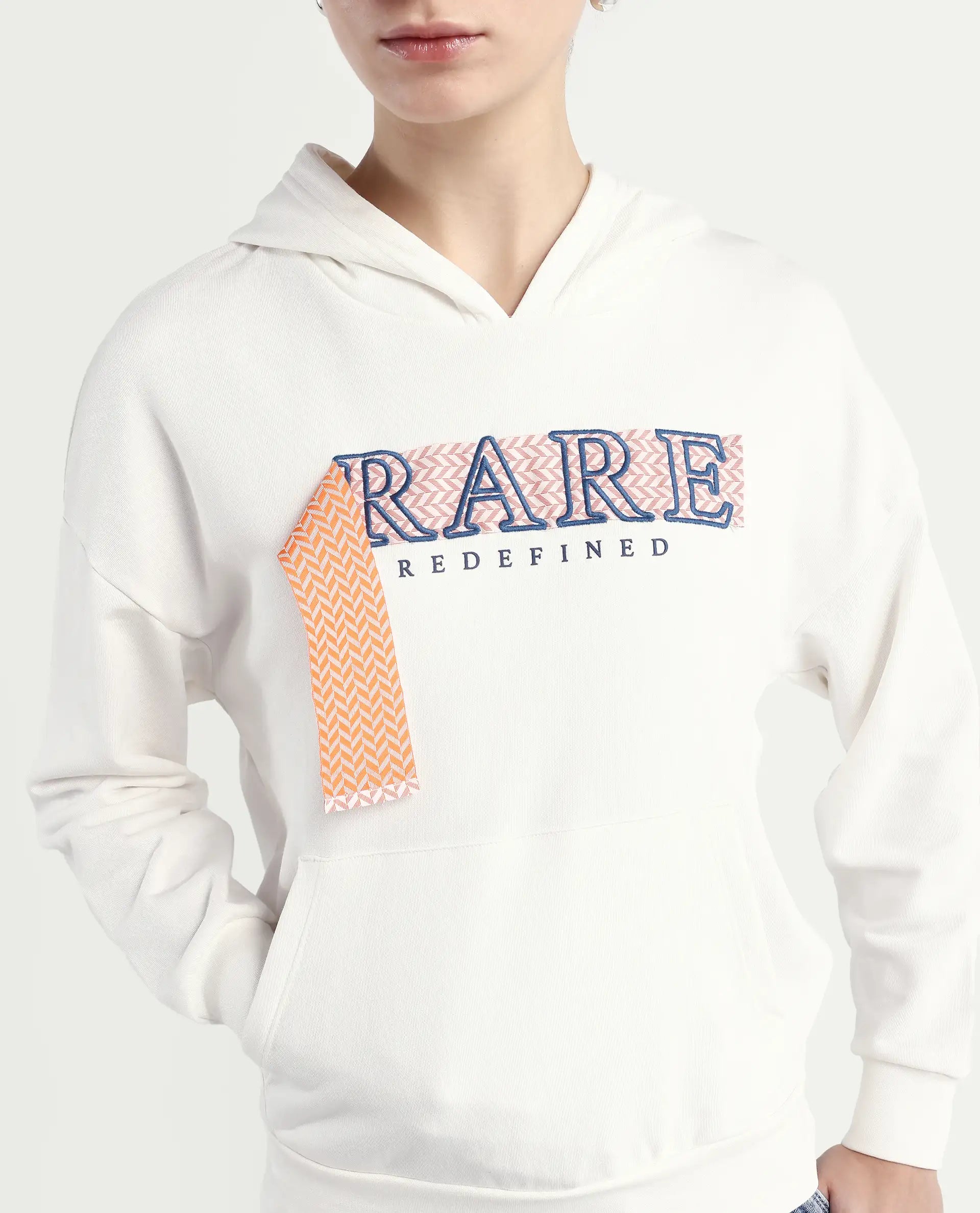 Rareism Women's Emtap Off White Cotton Blend Hooded Graphic Print Relaxed Fit Sweatshirt