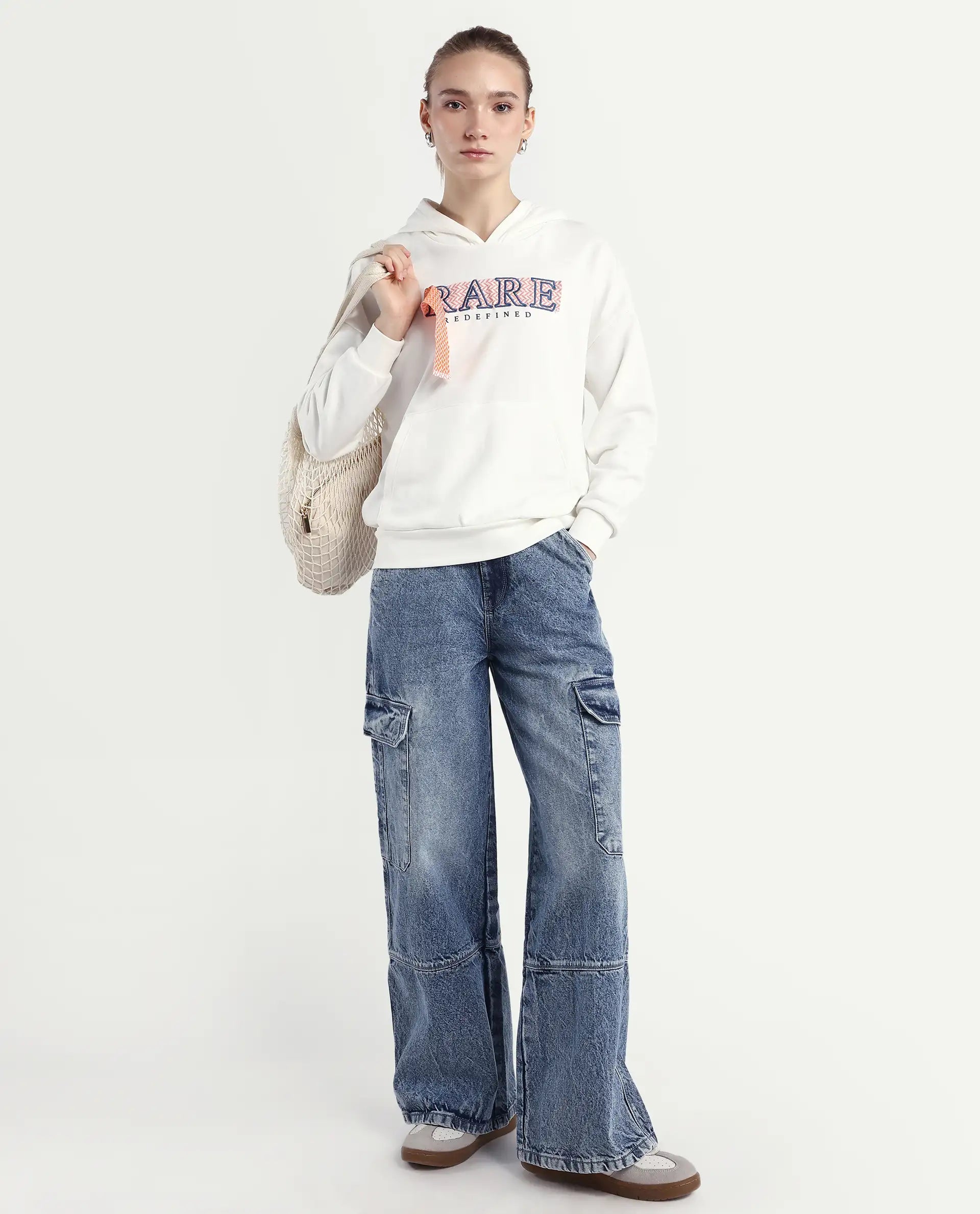 Rareism Women's Emtap Off White Cotton Blend Hooded Graphic Print Relaxed Fit Sweatshirt