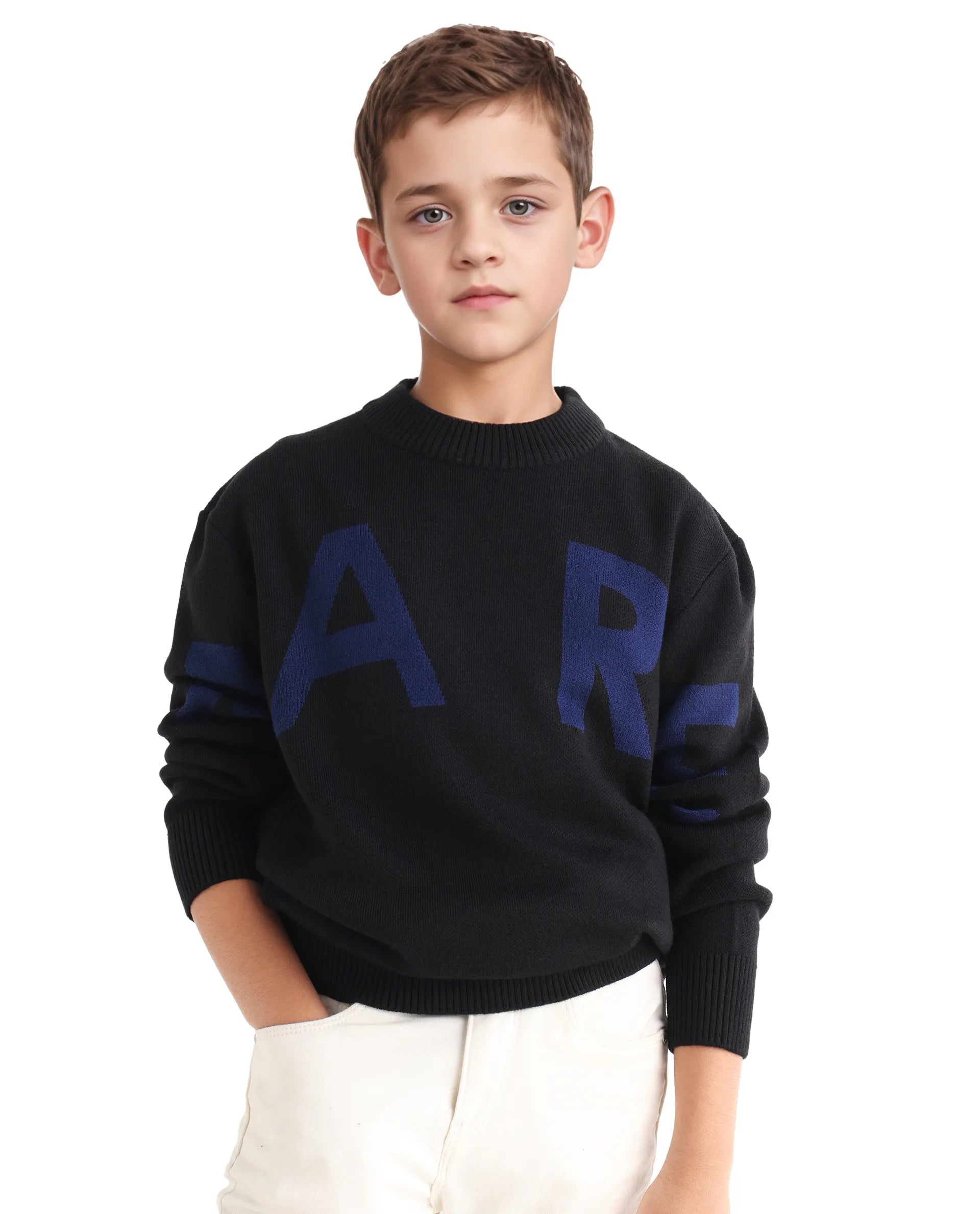 Rare Ones Kids Emyr-K Black Acrylic Blend Slip-On Closure Typography Regular Fit Sweater