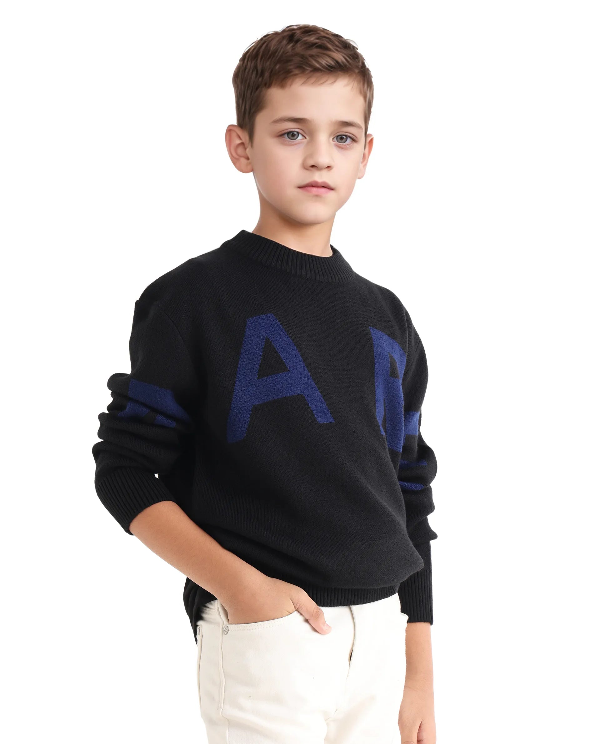 Rare Ones Kids Emyr-K Black Acrylic Blend Slip-On Closure Typography Regular Fit Sweater