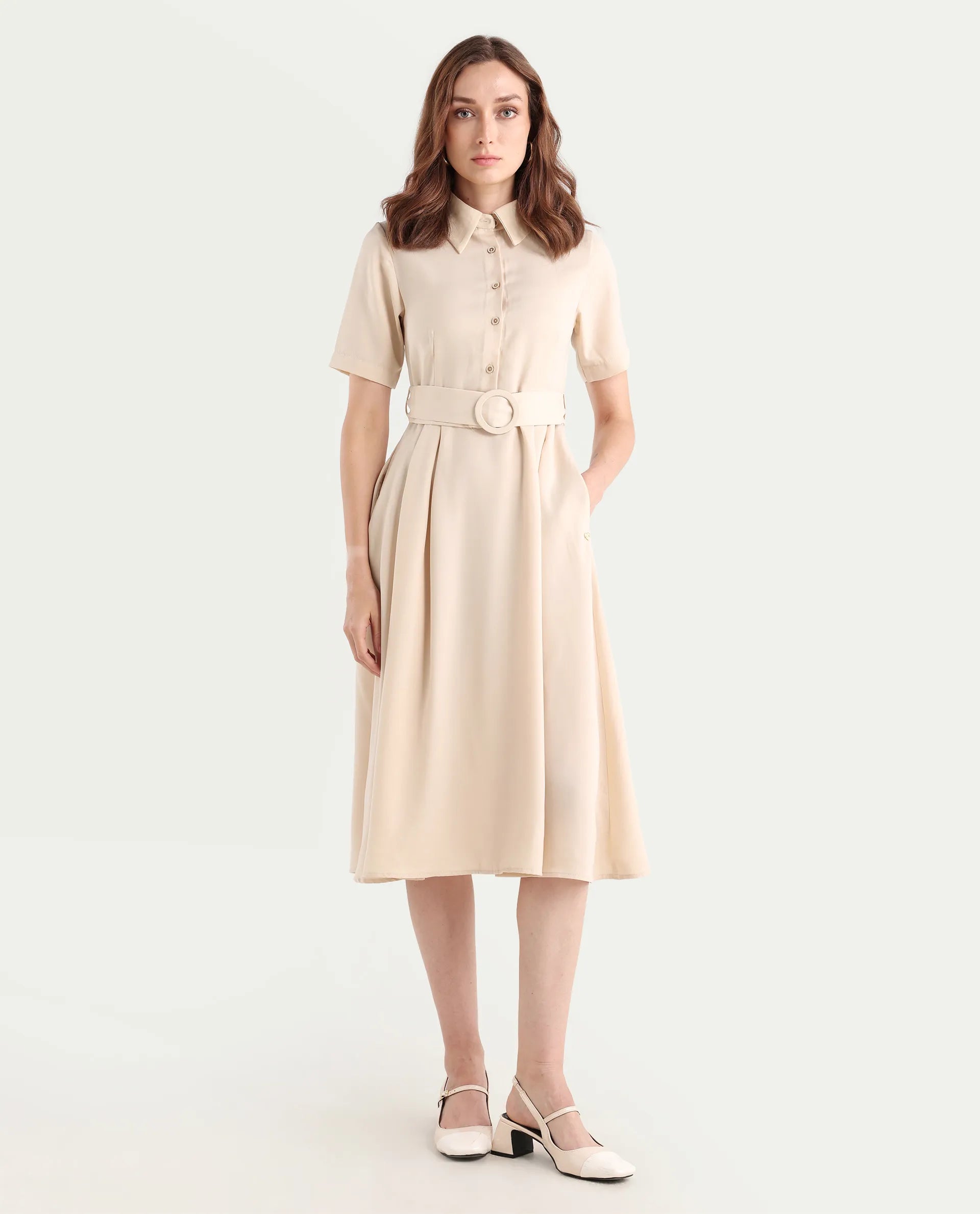 Rareism Women's Enbarry Off White Satin Drop Collar Plain Boxy Sleeve Midi Fit And Flare Dress