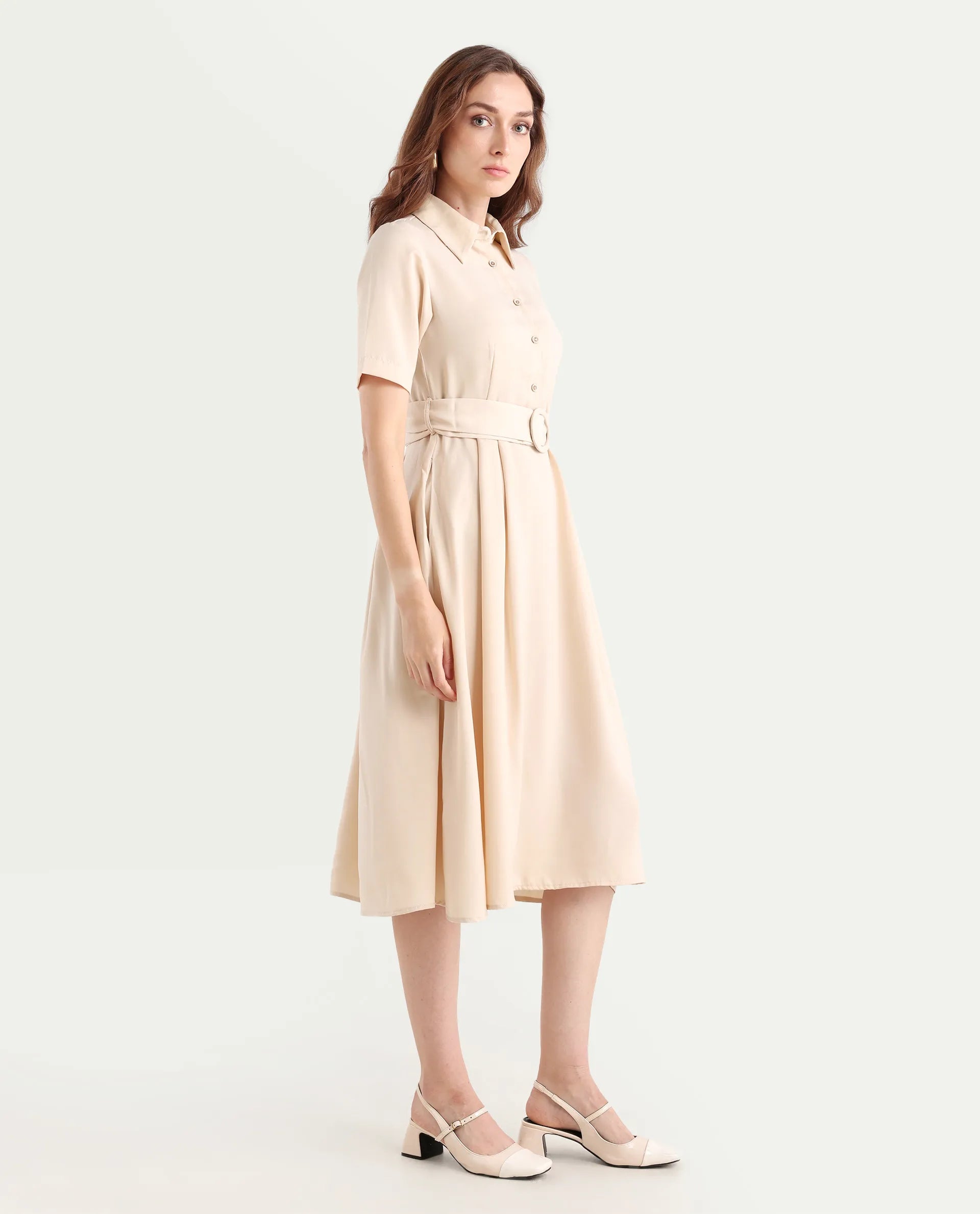 Rareism Women's Enbarry Off White Satin Drop Collar Plain Boxy Sleeve Midi Fit And Flare Dress