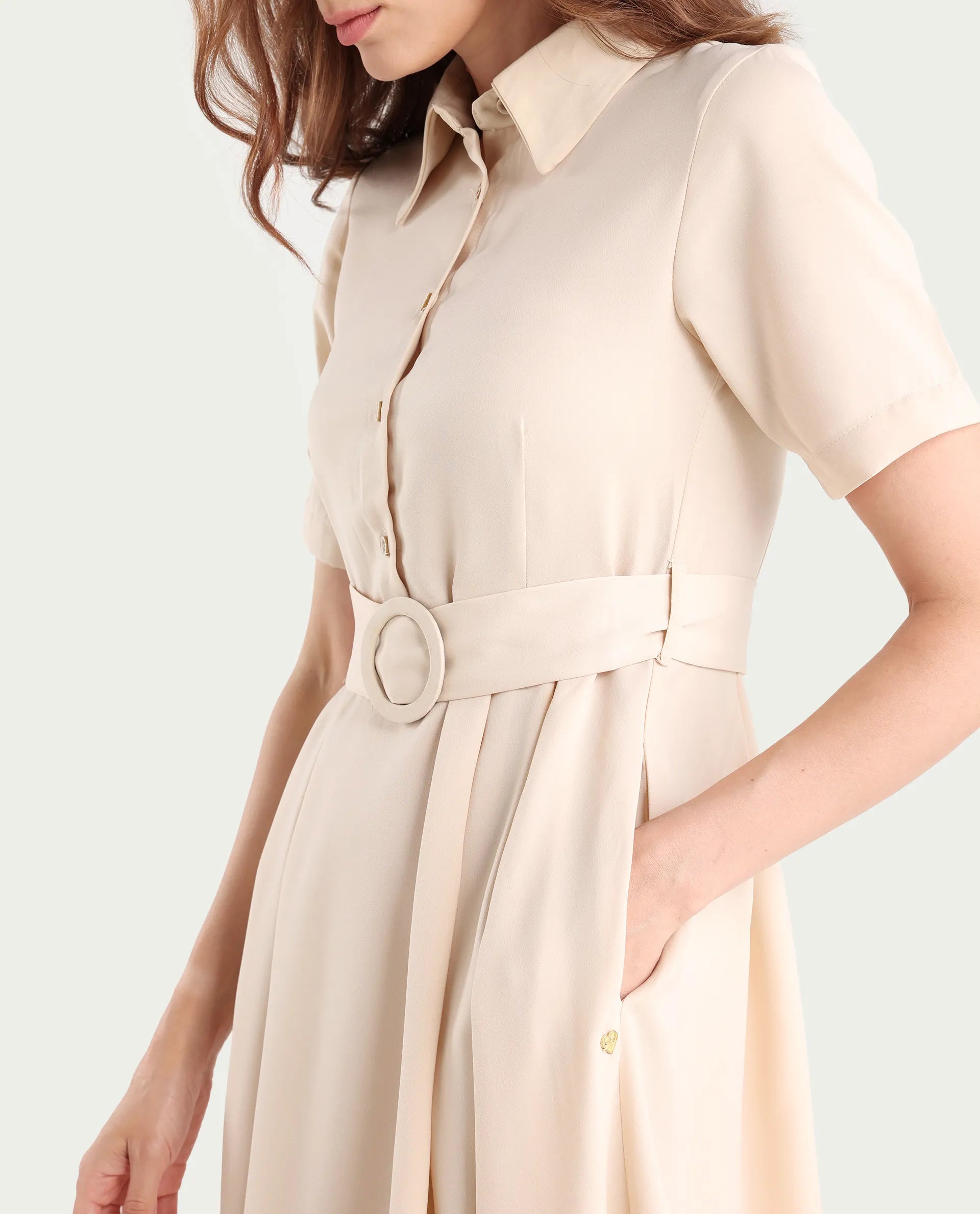 Rareism Women's Enbarry Off White Satin Drop Collar Plain Boxy Sleeve Midi Fit And Flare Dress