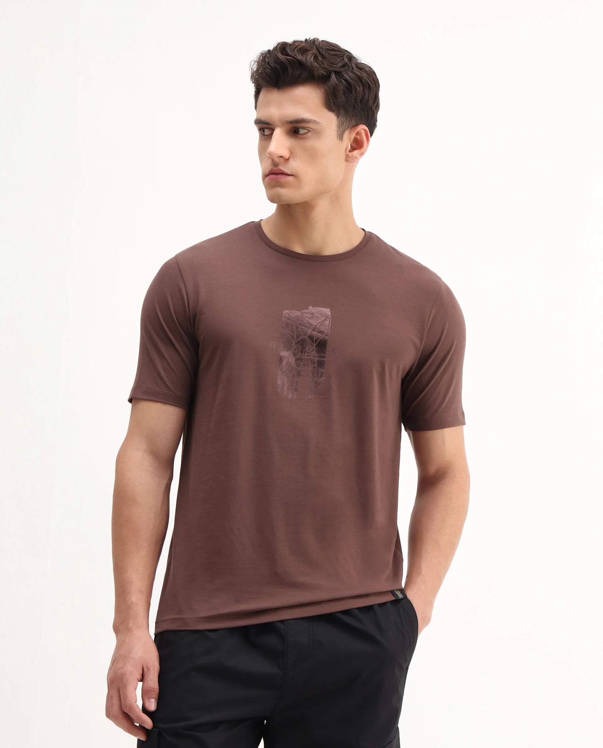 Rare Rabbit Men's Enc Dusky Brown Cotton Blend Graphic Print Regular Fit Half Sleeve Crew Neck T-Shirt
