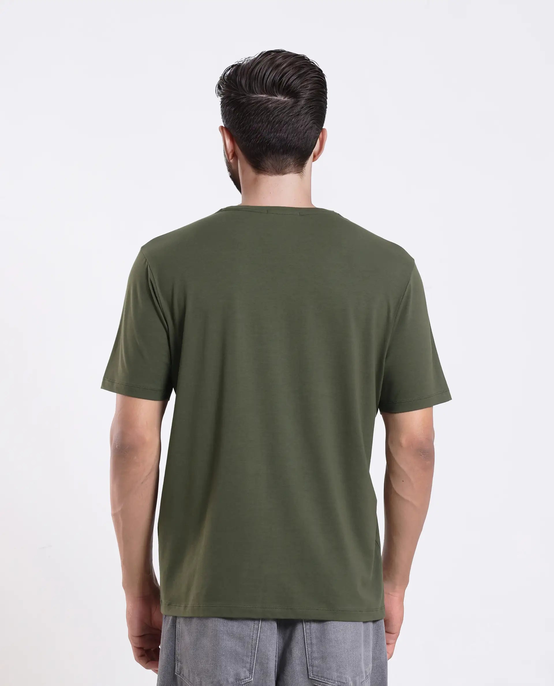 Rare Rabbit Men's Enc Olive Cotton Blend Graphic Print Regular Fit Half Sleeve Crew Neck T-Shirt