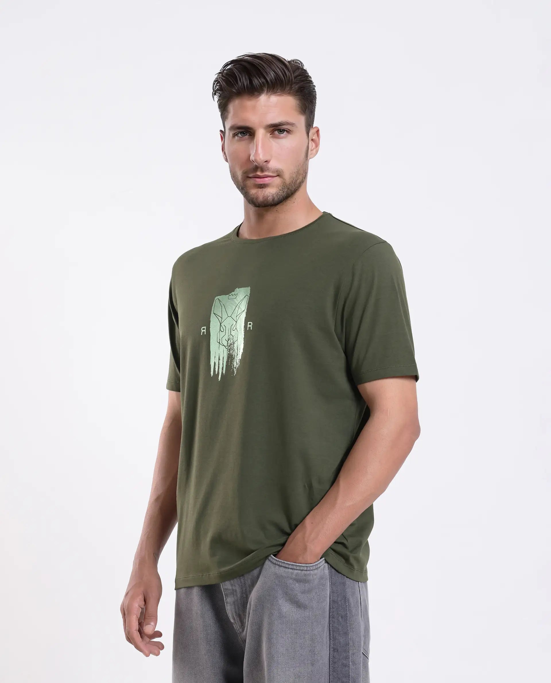 Rare Rabbit Men's Enc Olive Cotton Blend Graphic Print Regular Fit Half Sleeve Crew Neck T-Shirt