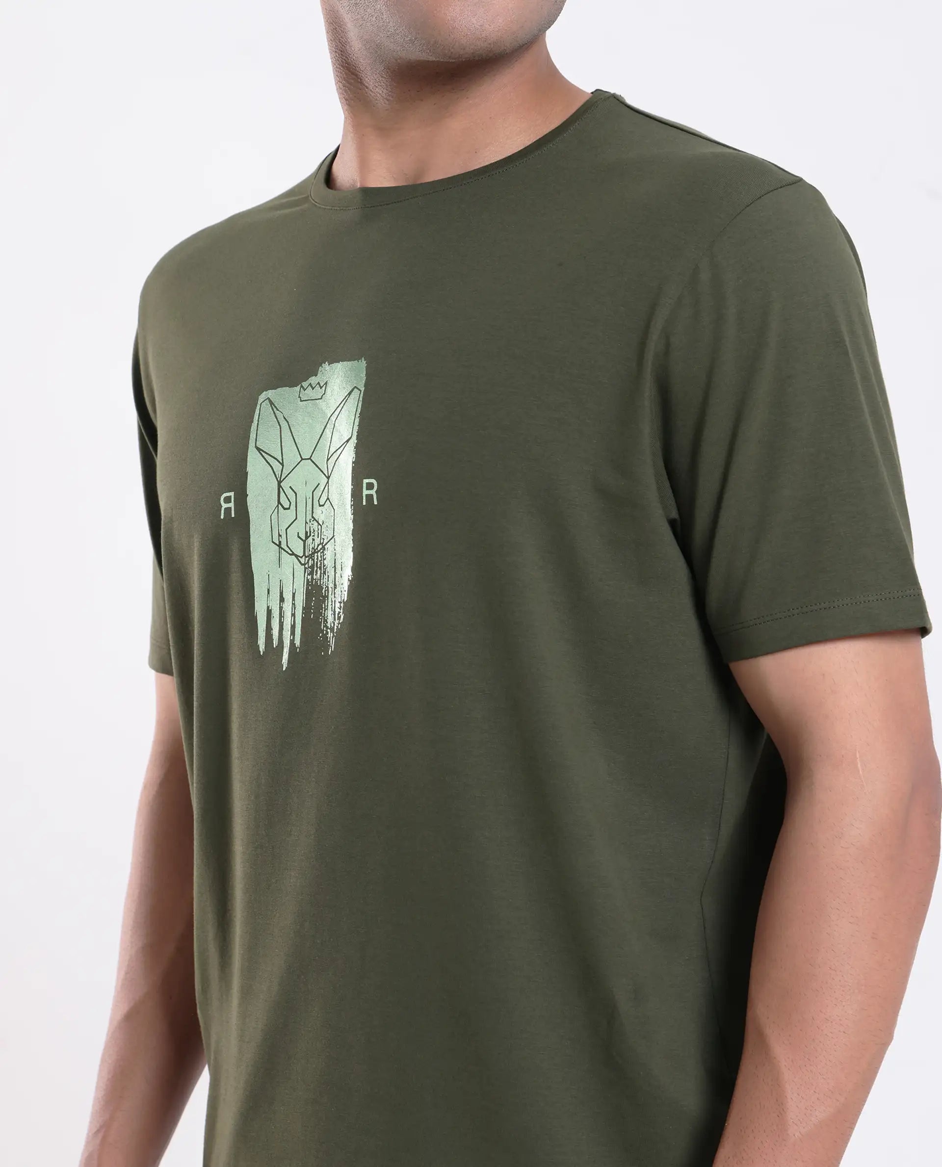 Rare Rabbit Men's Enc Olive Cotton Blend Graphic Print Regular Fit Half Sleeve Crew Neck T-Shirt