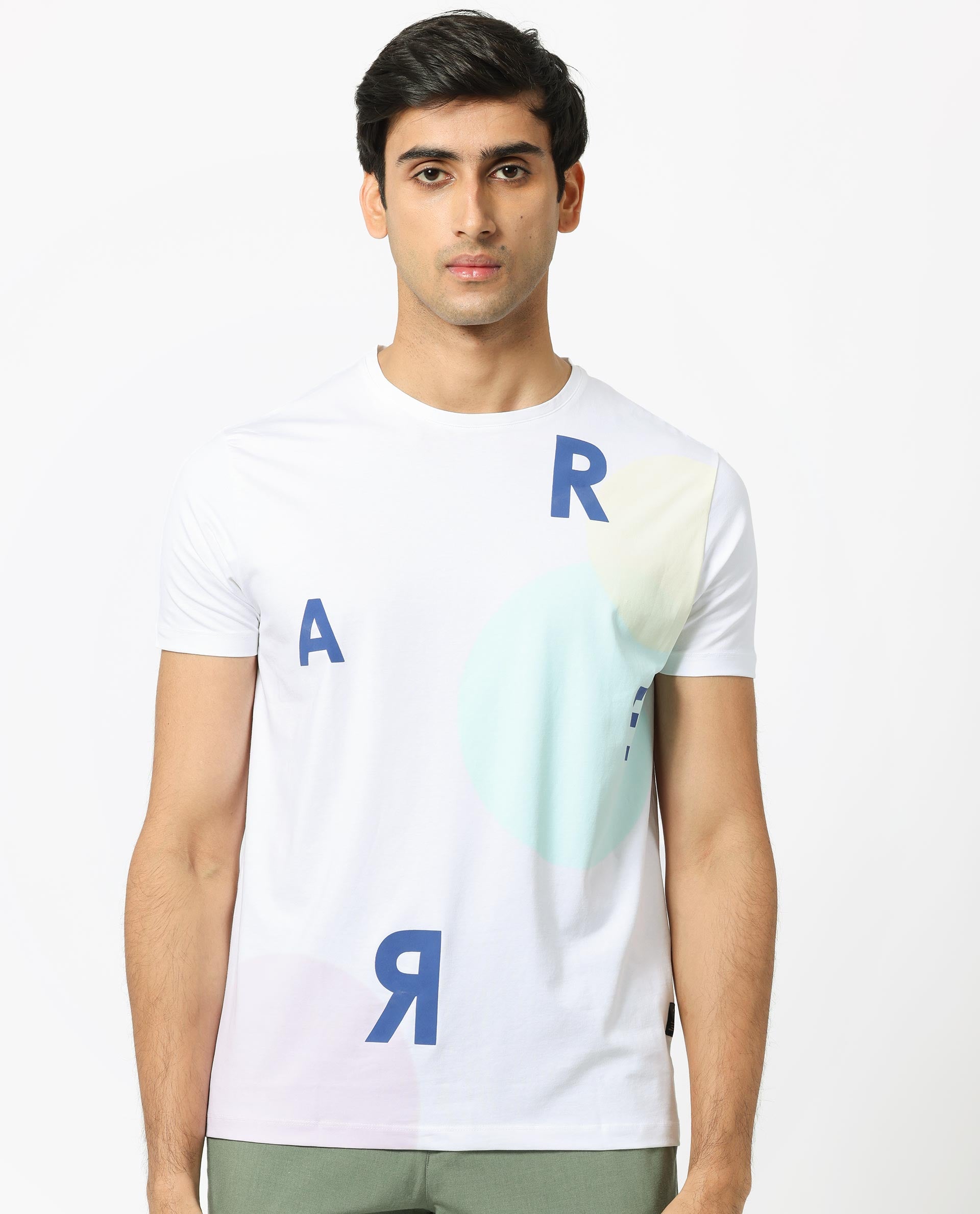 Rare Rabbit Men's Enders White Crew Neck HD Overall Placement Print Branding Half Sleeves Round Neck Slim Fit