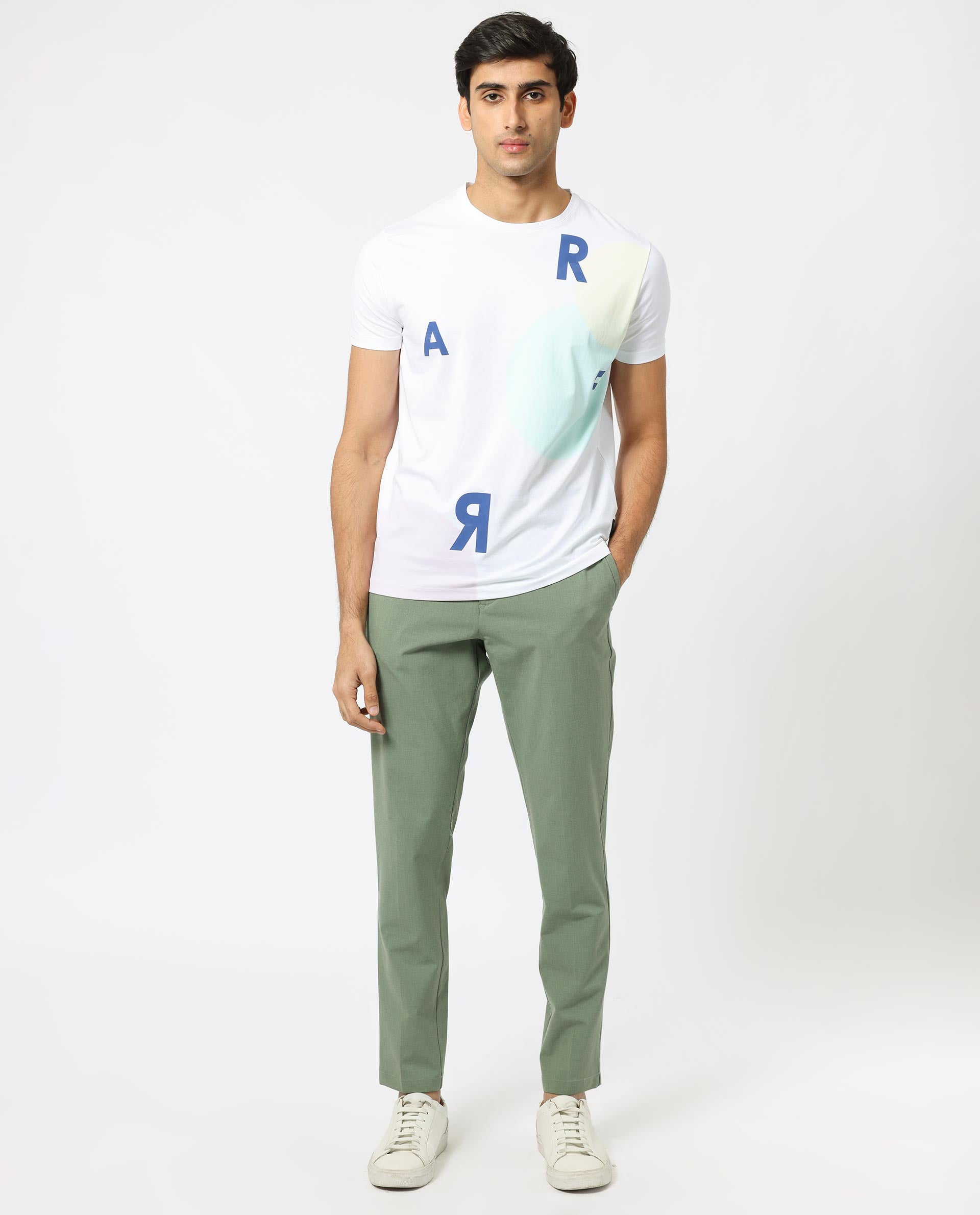 Rare Rabbit Men's Enders White Crew Neck HD Overall Placement Print Branding Half Sleeves Round Neck Slim Fit