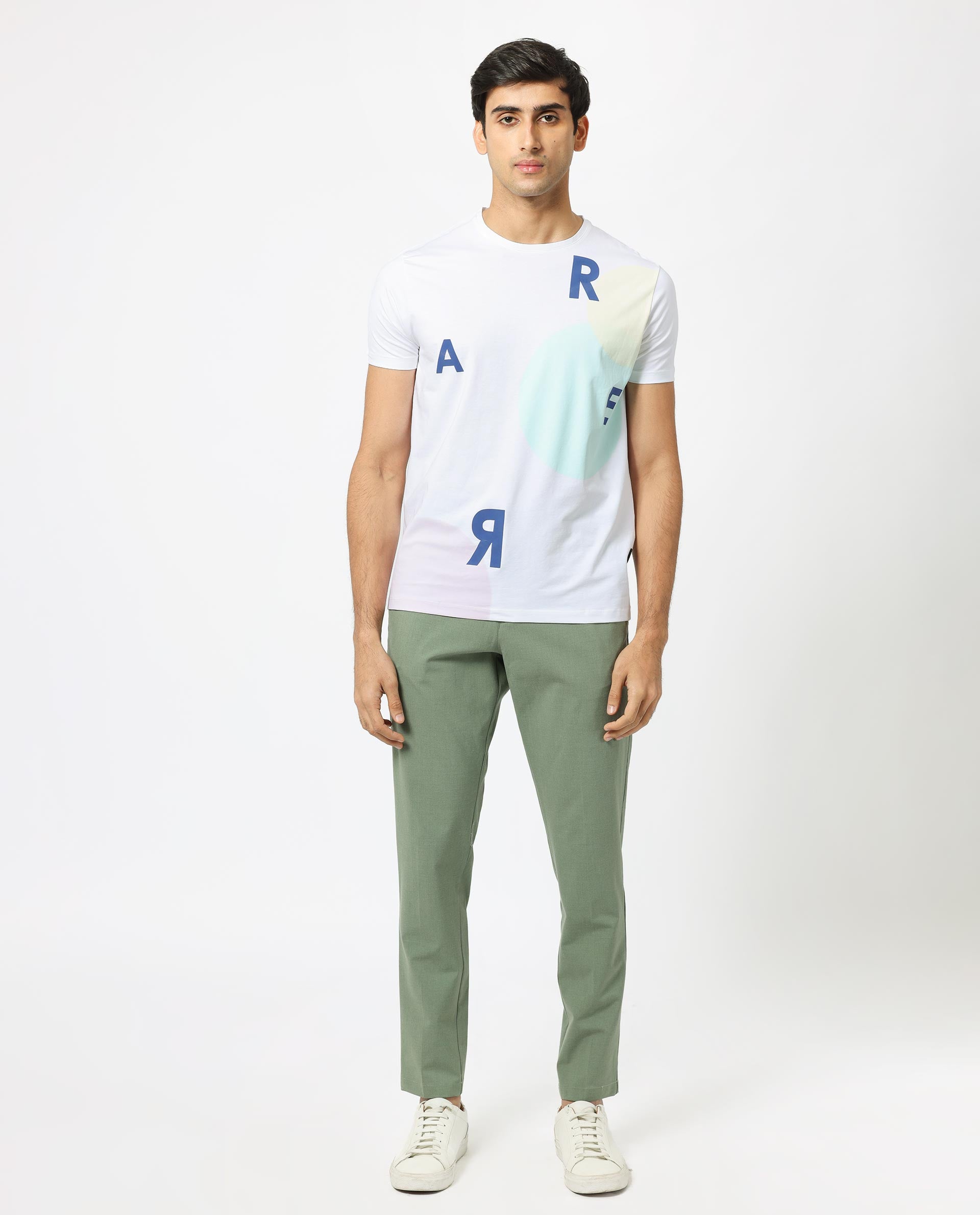 Rare Rabbit Men's Enders White Crew Neck HD Overall Placement Print Branding Half Sleeves Round Neck Slim Fit