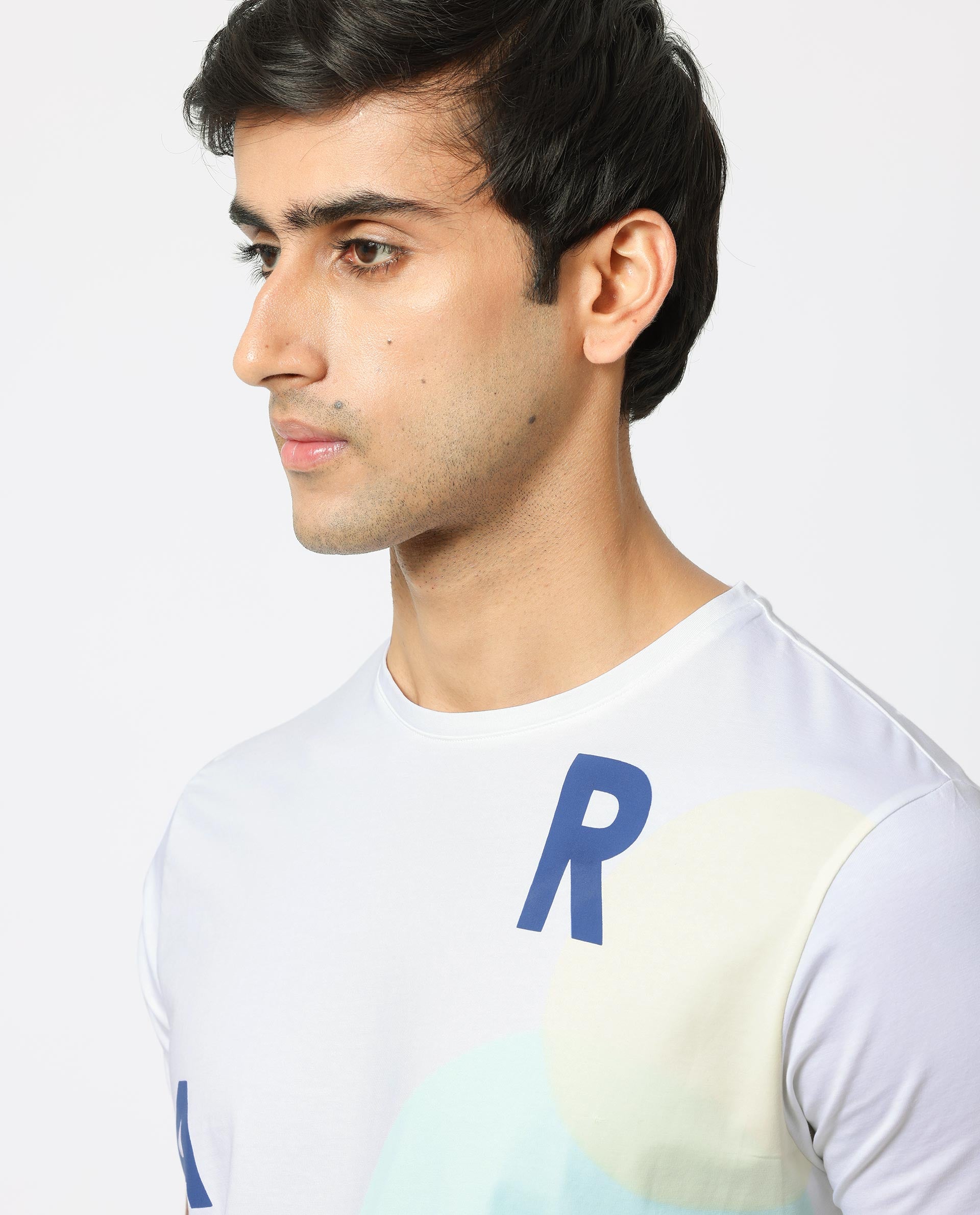 Rare Rabbit Men's Enders White Crew Neck HD Overall Placement Print Branding Half Sleeves Round Neck Slim Fit