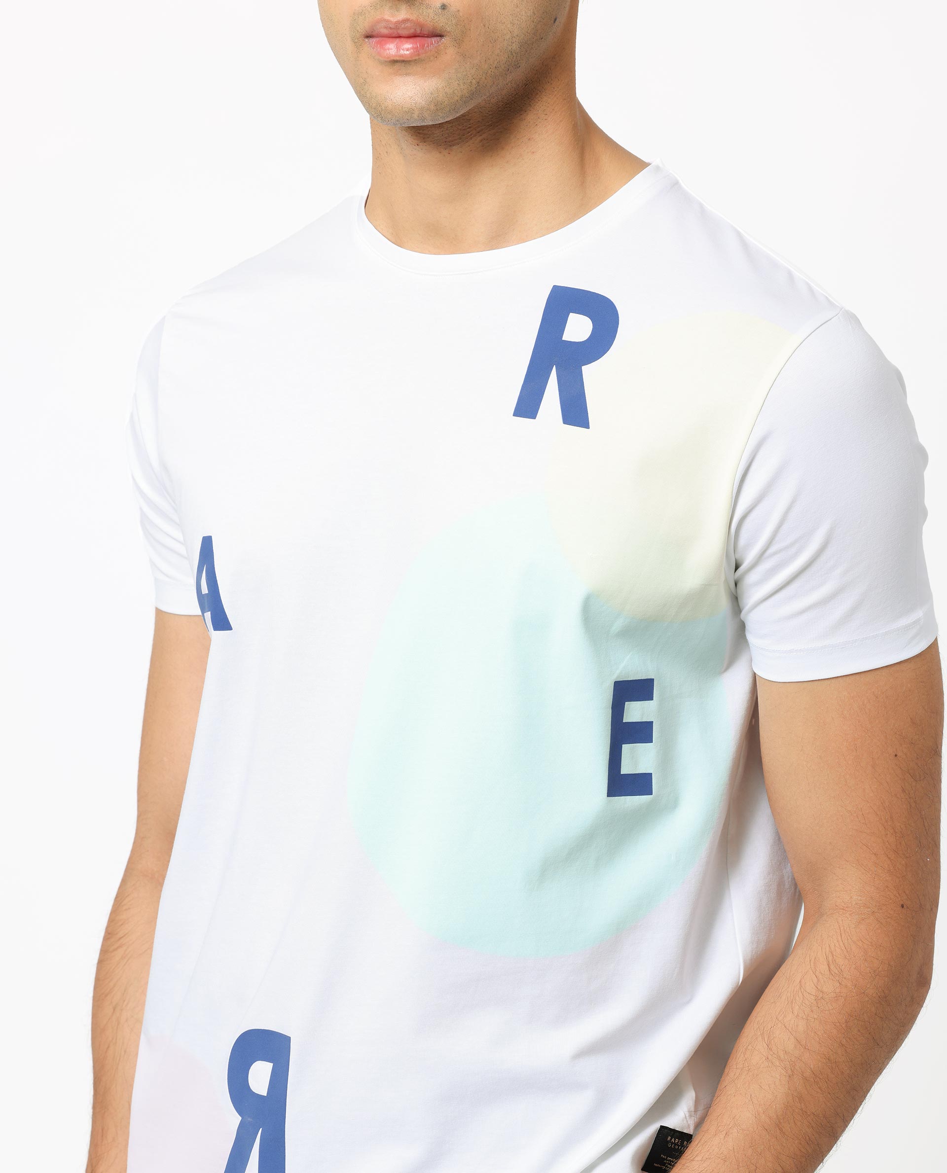 Rare Rabbit Men's Enders White Crew Neck HD Overall Placement Print Branding Half Sleeves Round Neck Slim Fit