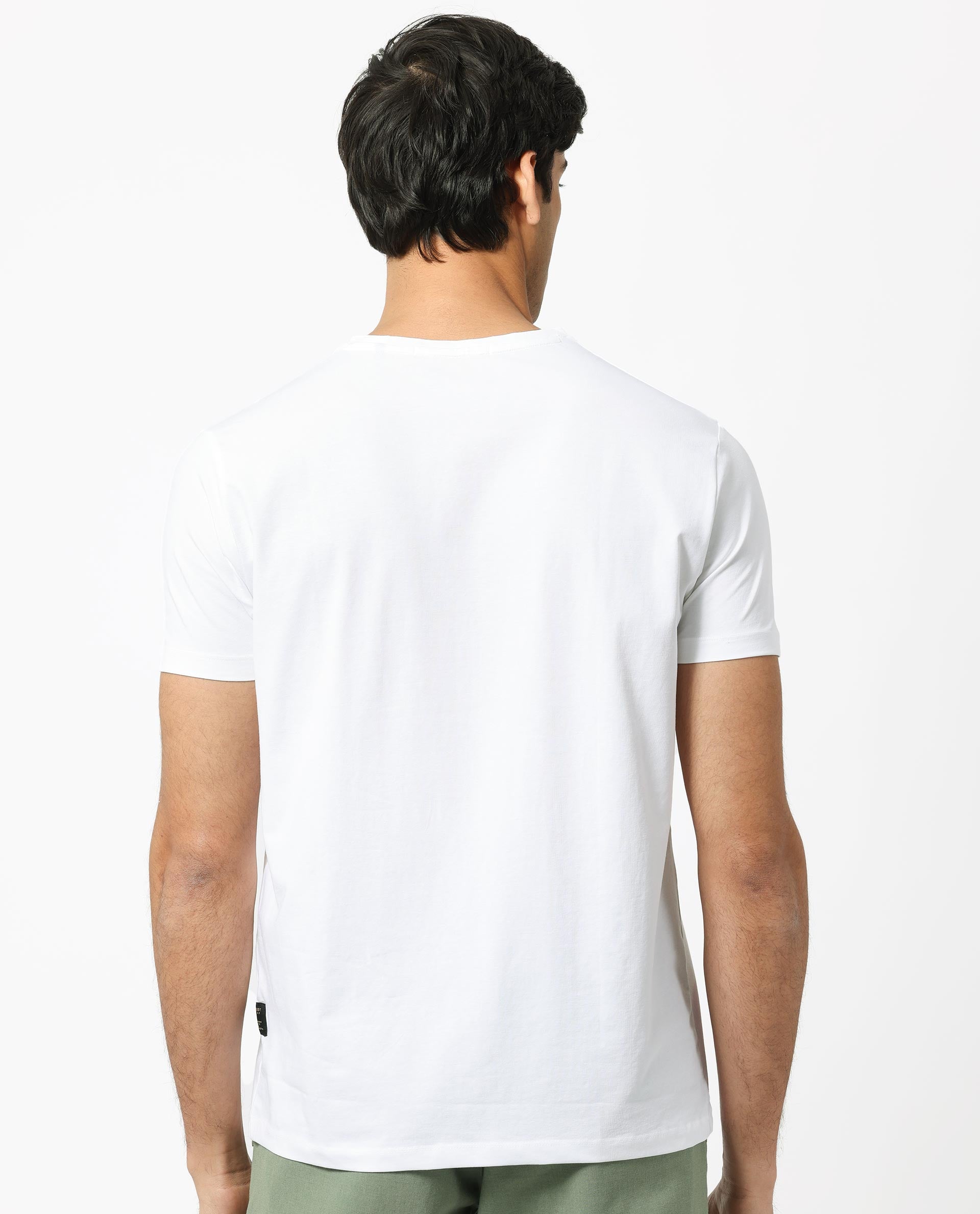 Rare Rabbit Men's Enders White Crew Neck HD Overall Placement Print Branding Half Sleeves Round Neck Slim Fit