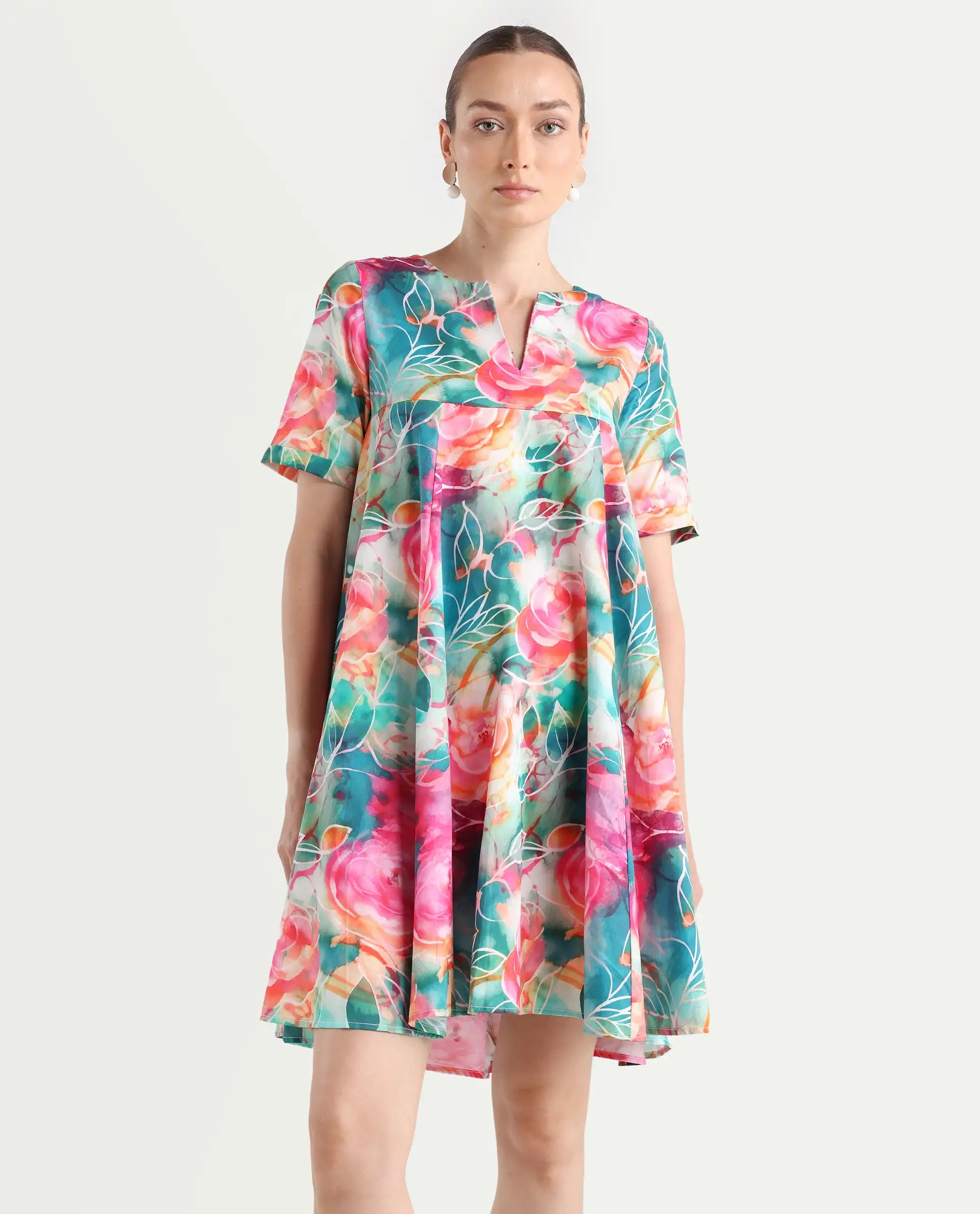 Rareism Women's Enderson Multi Cotton Crew Neck Floral Print Knee Length Fit And Flare Top