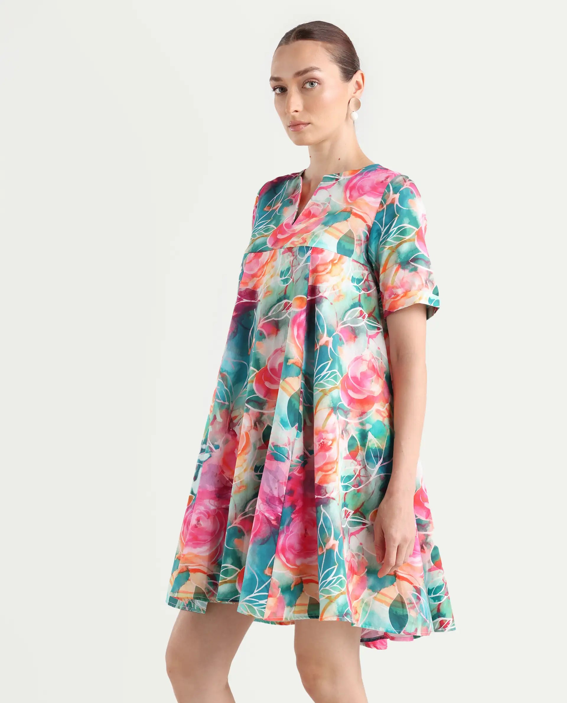 Rareism Women's Enderson Multi Cotton Crew Neck Floral Print Knee Length Fit And Flare Top