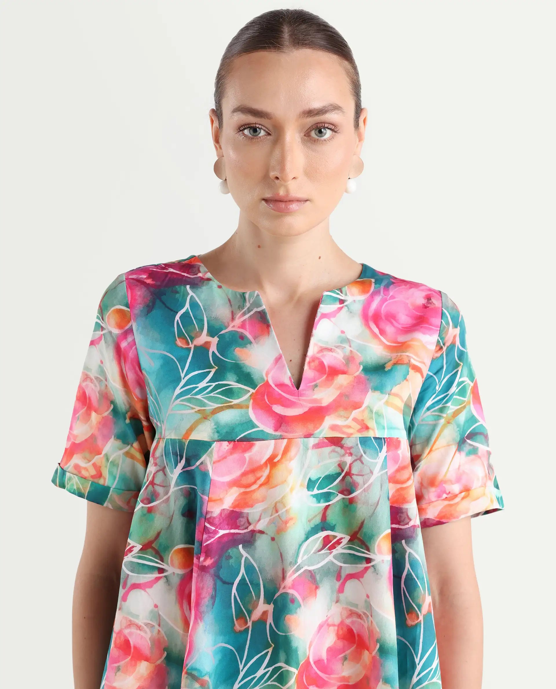 Rareism Women's Enderson Multi Cotton Crew Neck Floral Print Knee Length Fit And Flare Top