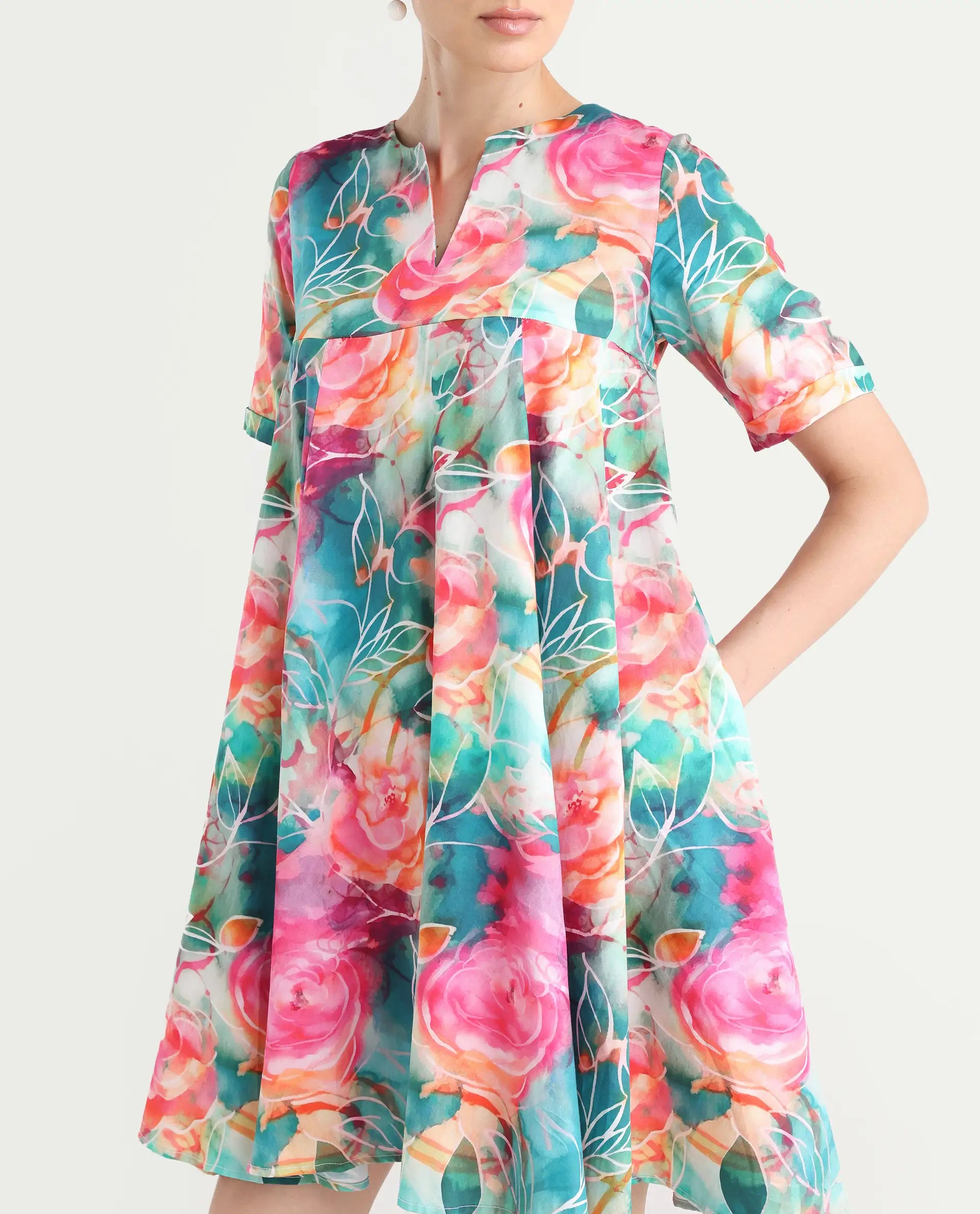 Rareism Women's Enderson Multi Cotton Crew Neck Floral Print Knee Length Fit And Flare Top