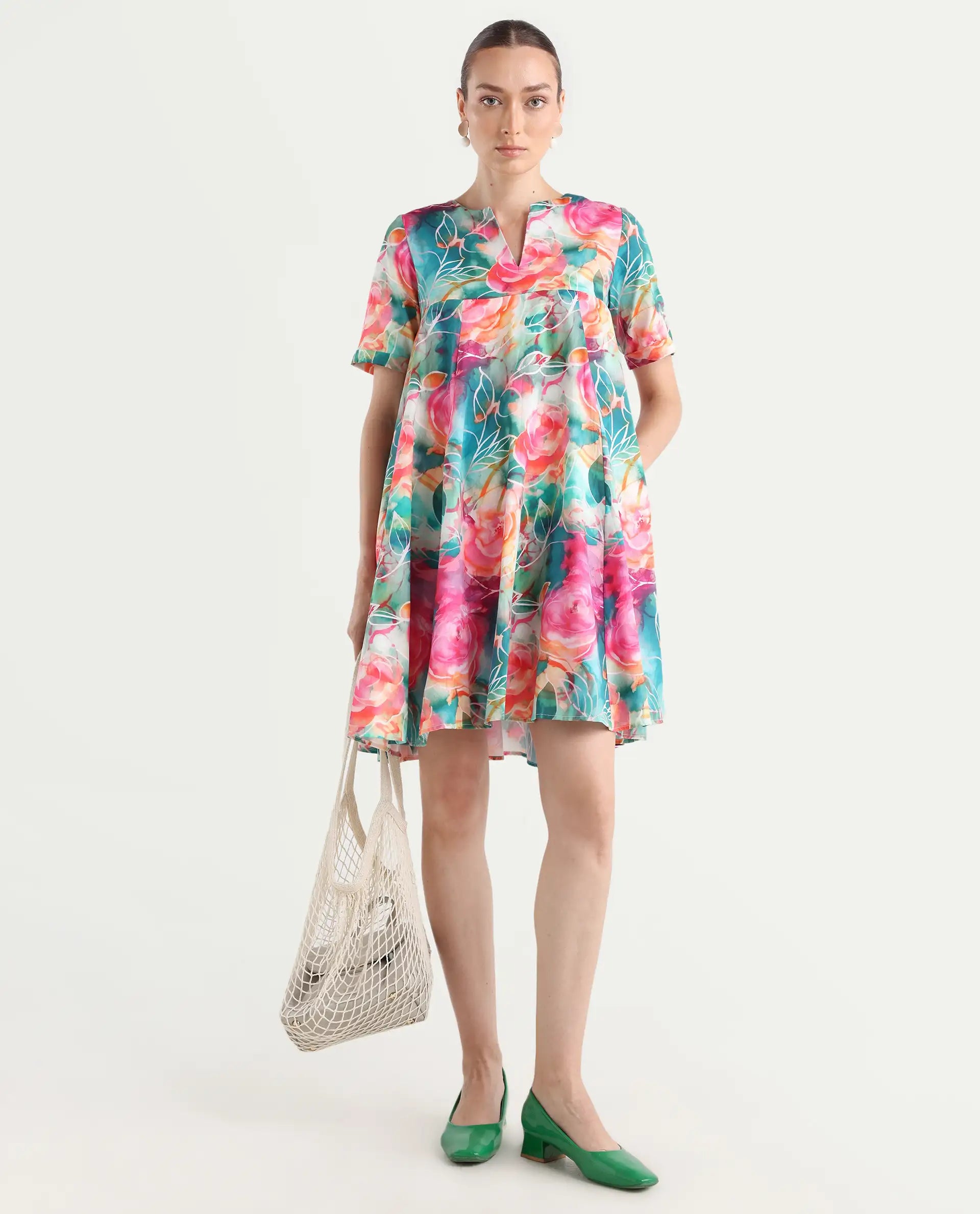 Rareism Women's Enderson Multi Cotton Crew Neck Floral Print Knee Length Fit And Flare Top