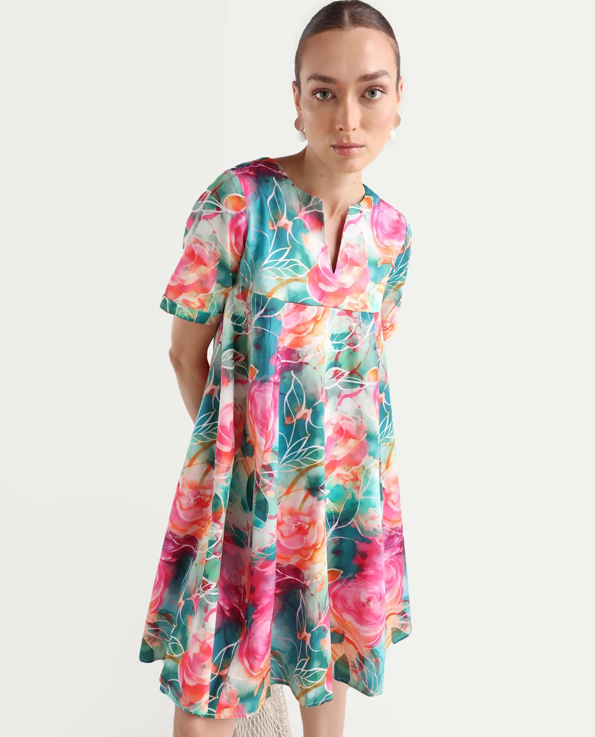 Rareism Women's Enderson Multi Cotton Crew Neck Floral Print Knee Length Fit And Flare Top