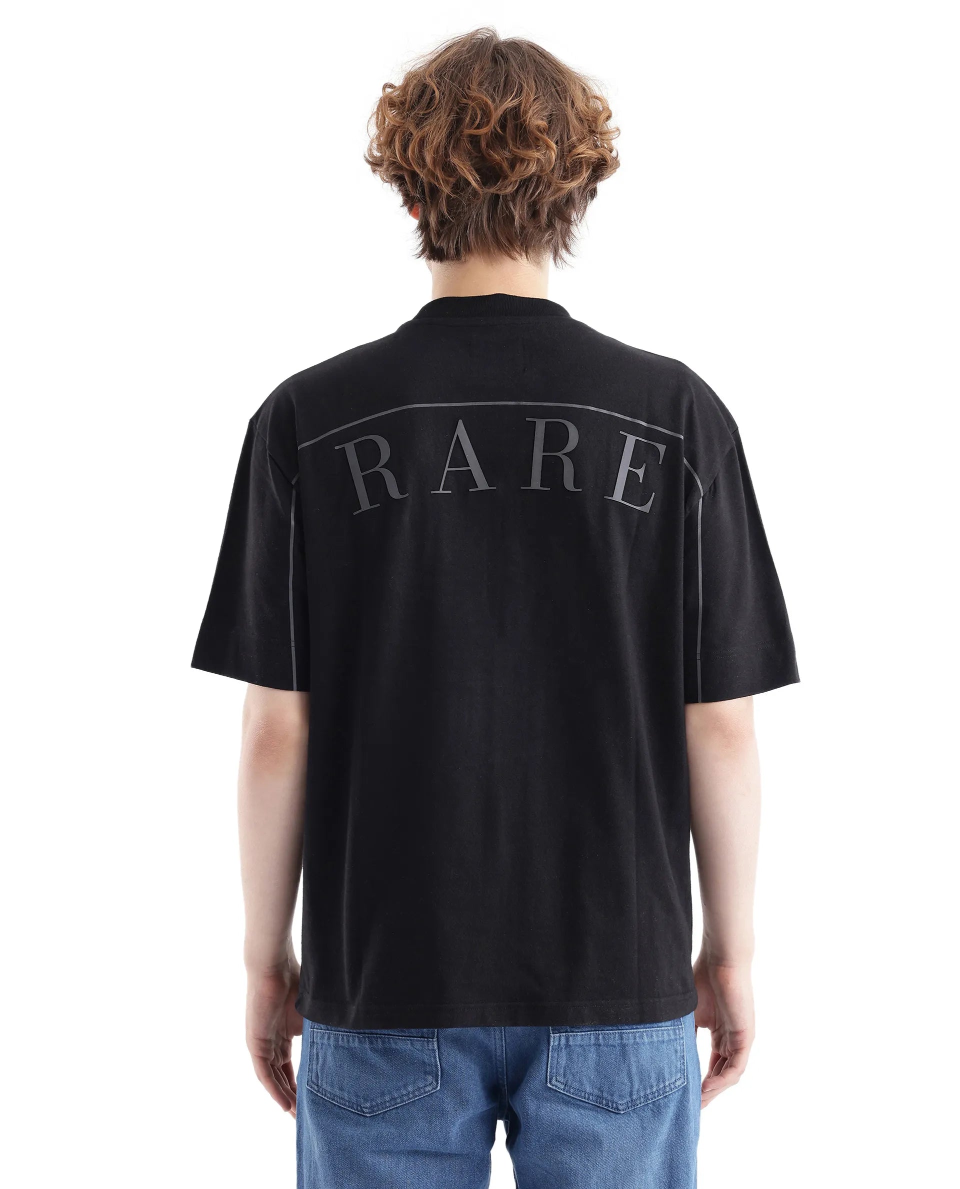Rare Rabbit Men Endrol Black Cotton Fabric Short Sleeve Boxy Fit Typography Back Printed T-Shirt