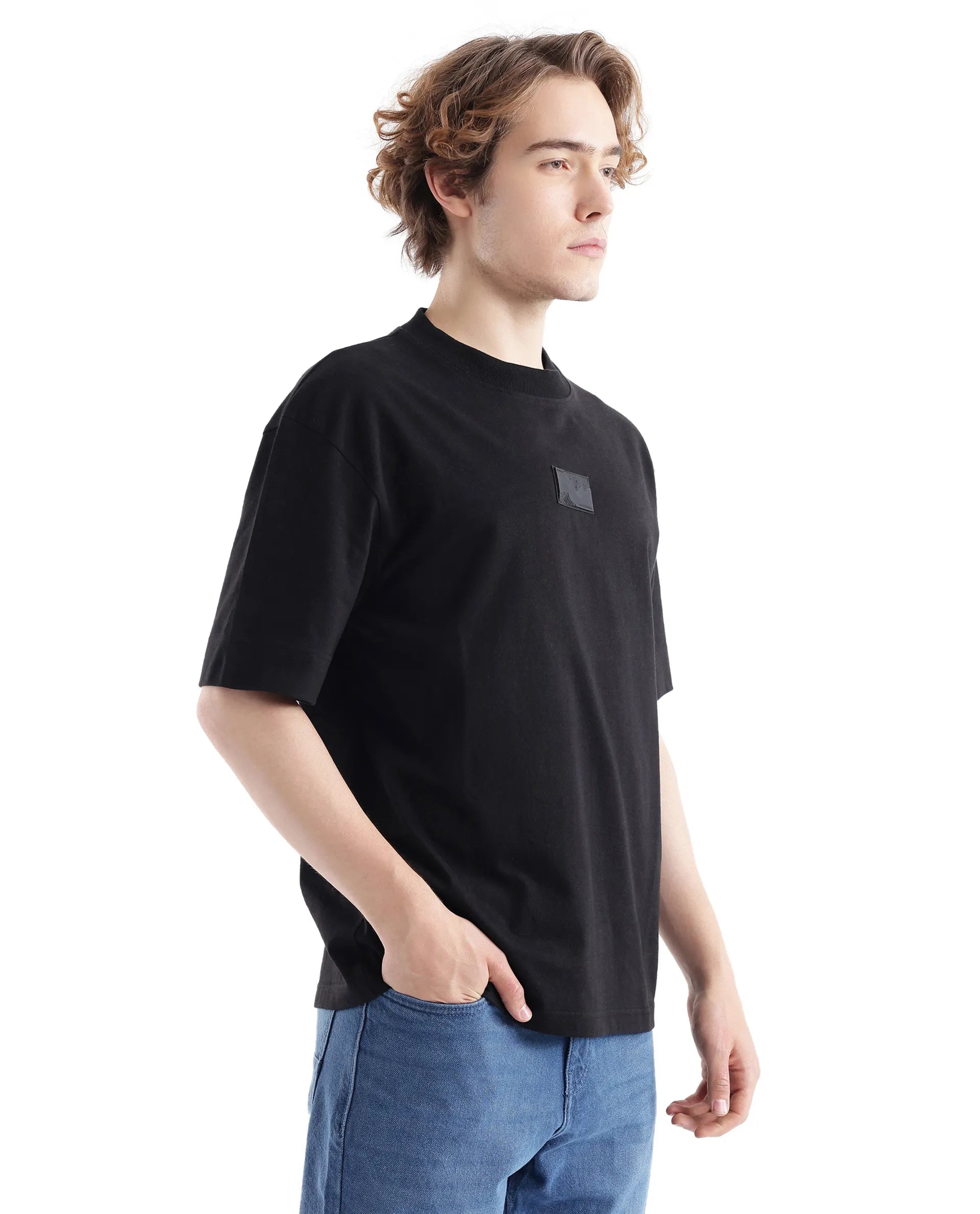 Rare Rabbit Men Endrol Black Cotton Fabric Short Sleeve Boxy Fit Typography Back Printed T-Shirt