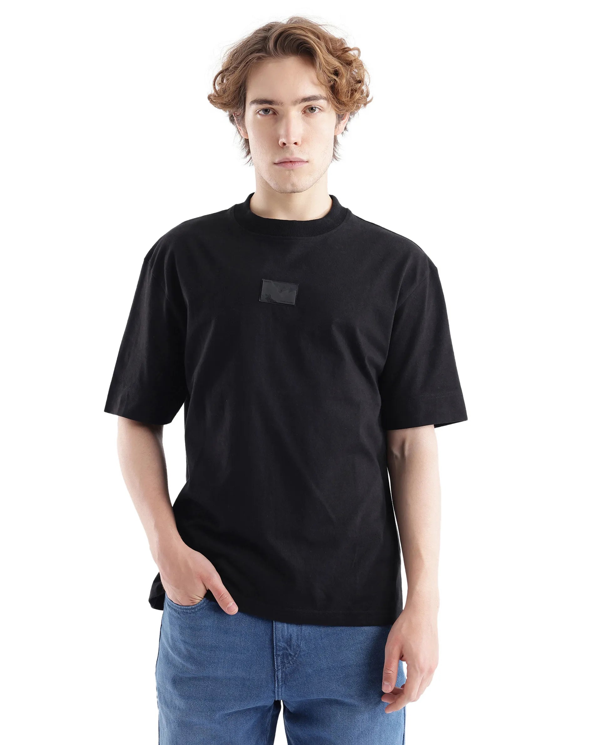 Rare Rabbit Men Endrol Black Cotton Fabric Short Sleeve Boxy Fit Typography Back Printed T-Shirt