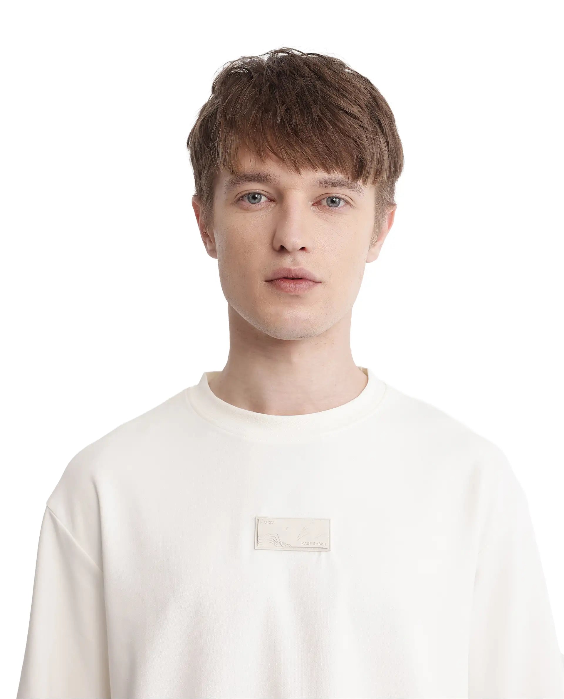 Rare Rabbit Men Endy Off White Cotton Poly Fabric Short Sleeve Boxy Fit Silicone Badge Branding T-Shirt