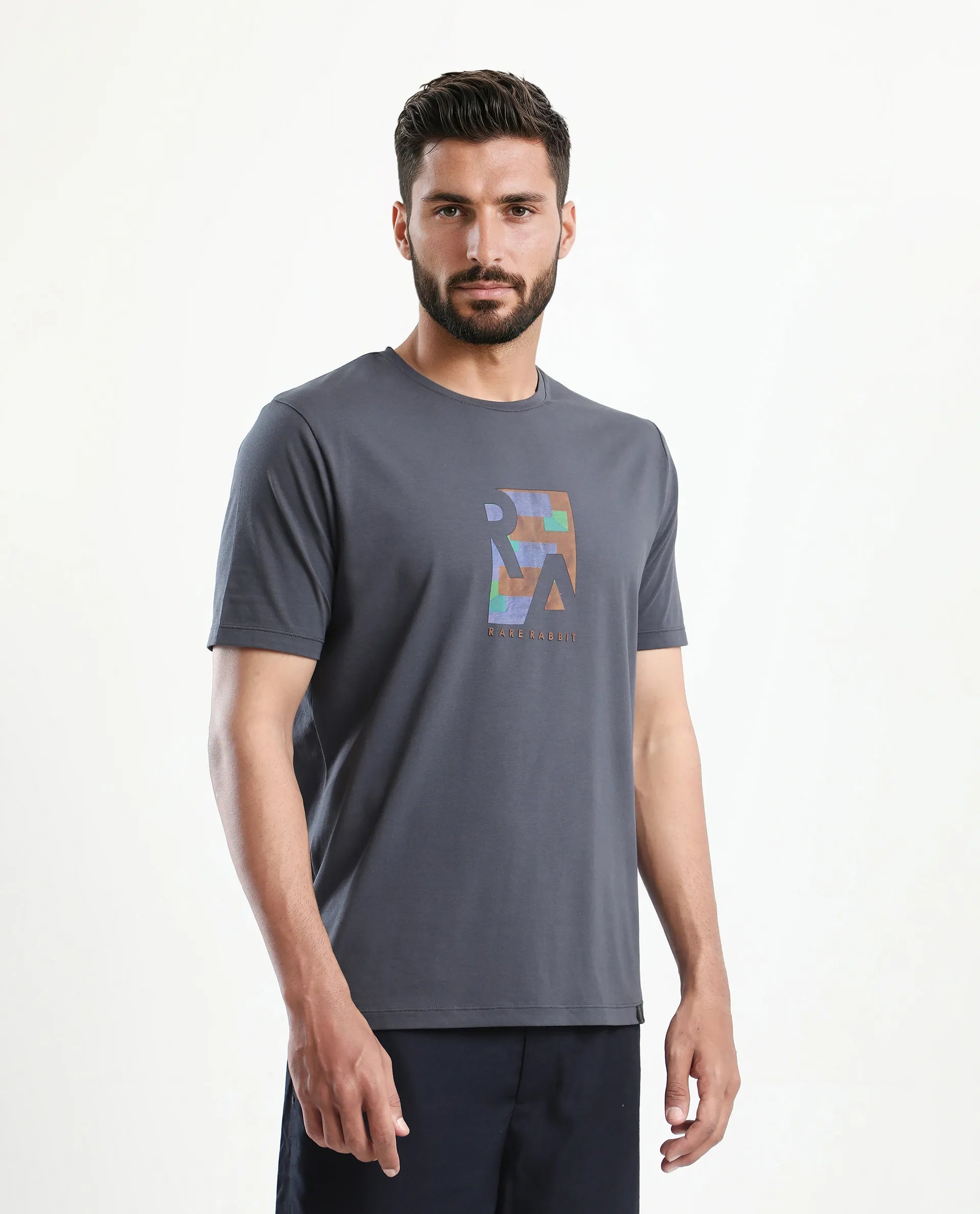 Rare Rabbit Men's Ene Dark Grey Cotton Blend Graphic Print Regular Fit Half Sleeve Crew Neck T-Shirt