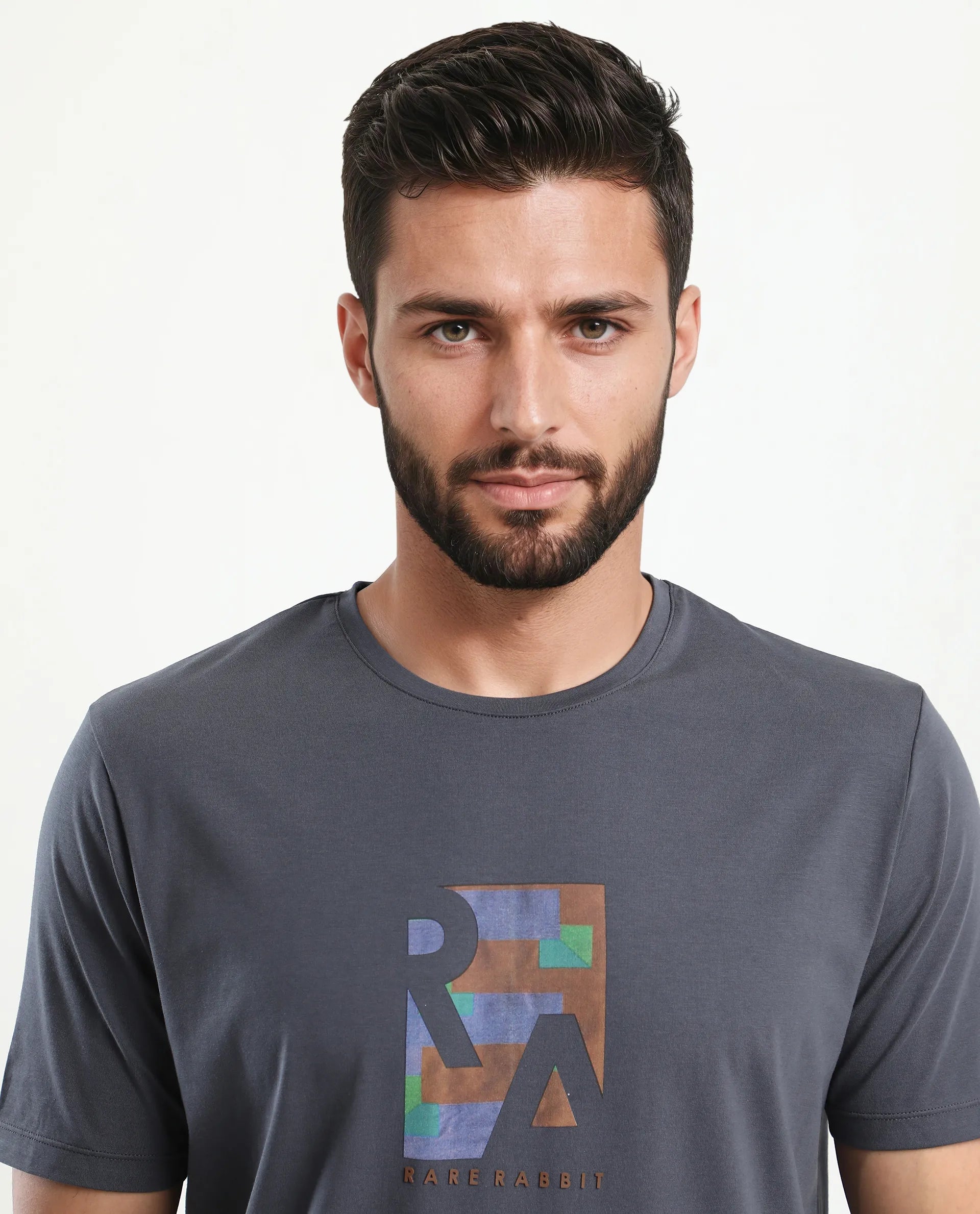 Rare Rabbit Men's Ene Dark Grey Cotton Blend Graphic Print Regular Fit Half Sleeve Crew Neck T-Shirt