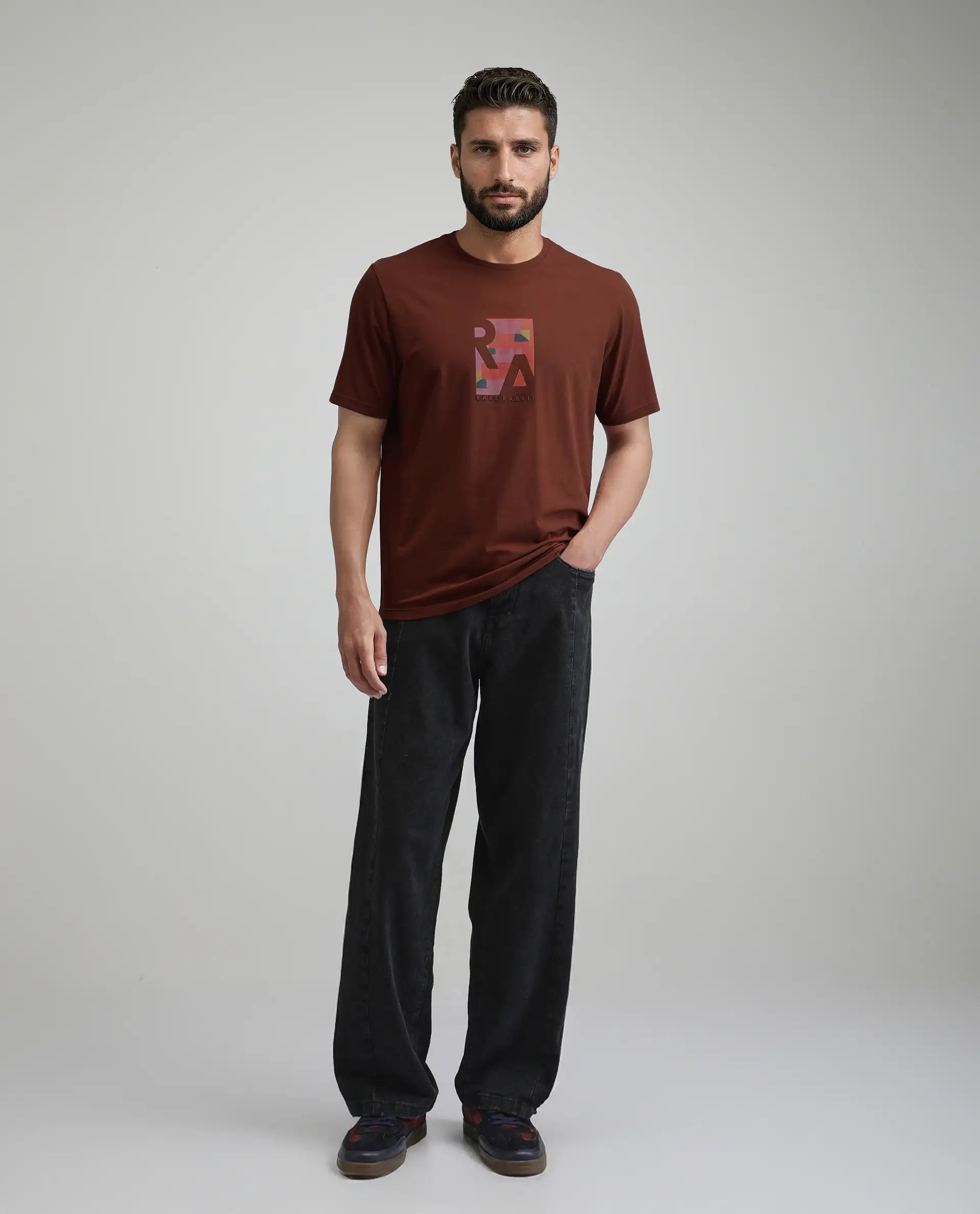 Rare Rabbit Men's Ene Rust Cotton Blend Graphic Print Regular Fit Half Sleeve Crew Neck T-Shirt
