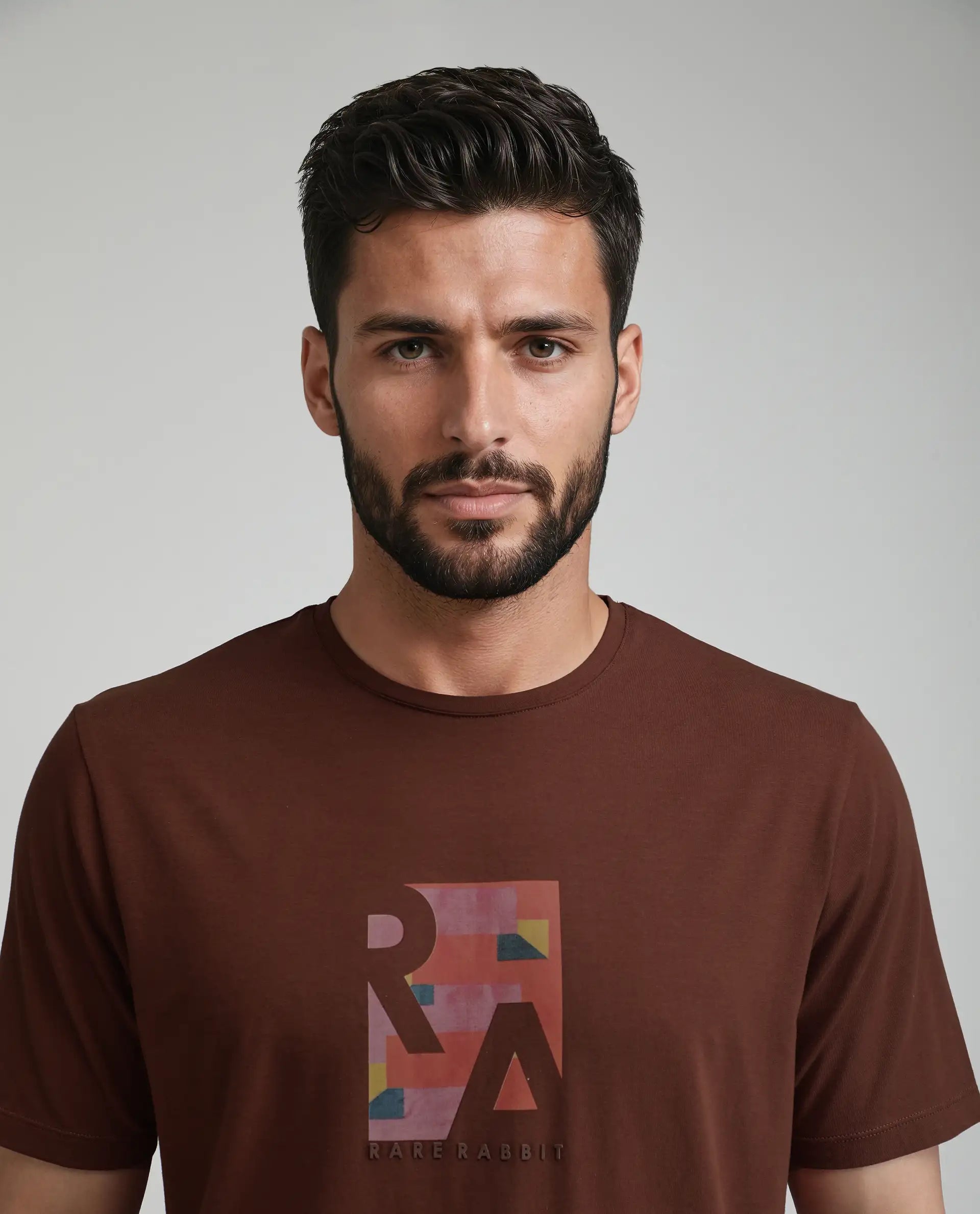 Rare Rabbit Men's Ene Rust Cotton Blend Graphic Print Regular Fit Half Sleeve Crew Neck T-Shirt