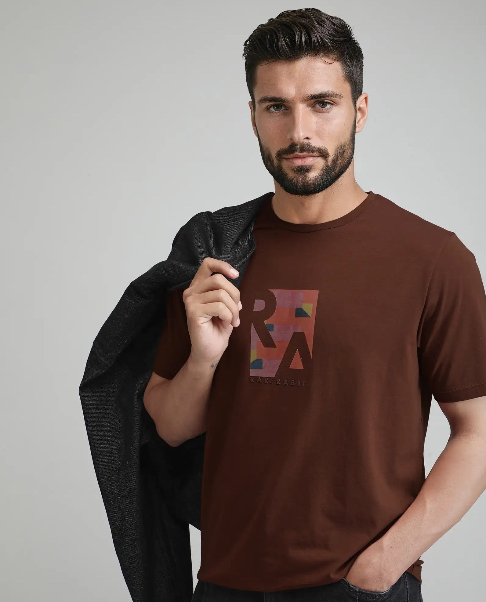 Rare Rabbit Men's Ene Rust Cotton Blend Graphic Print Regular Fit Half Sleeve Crew Neck T-Shirt