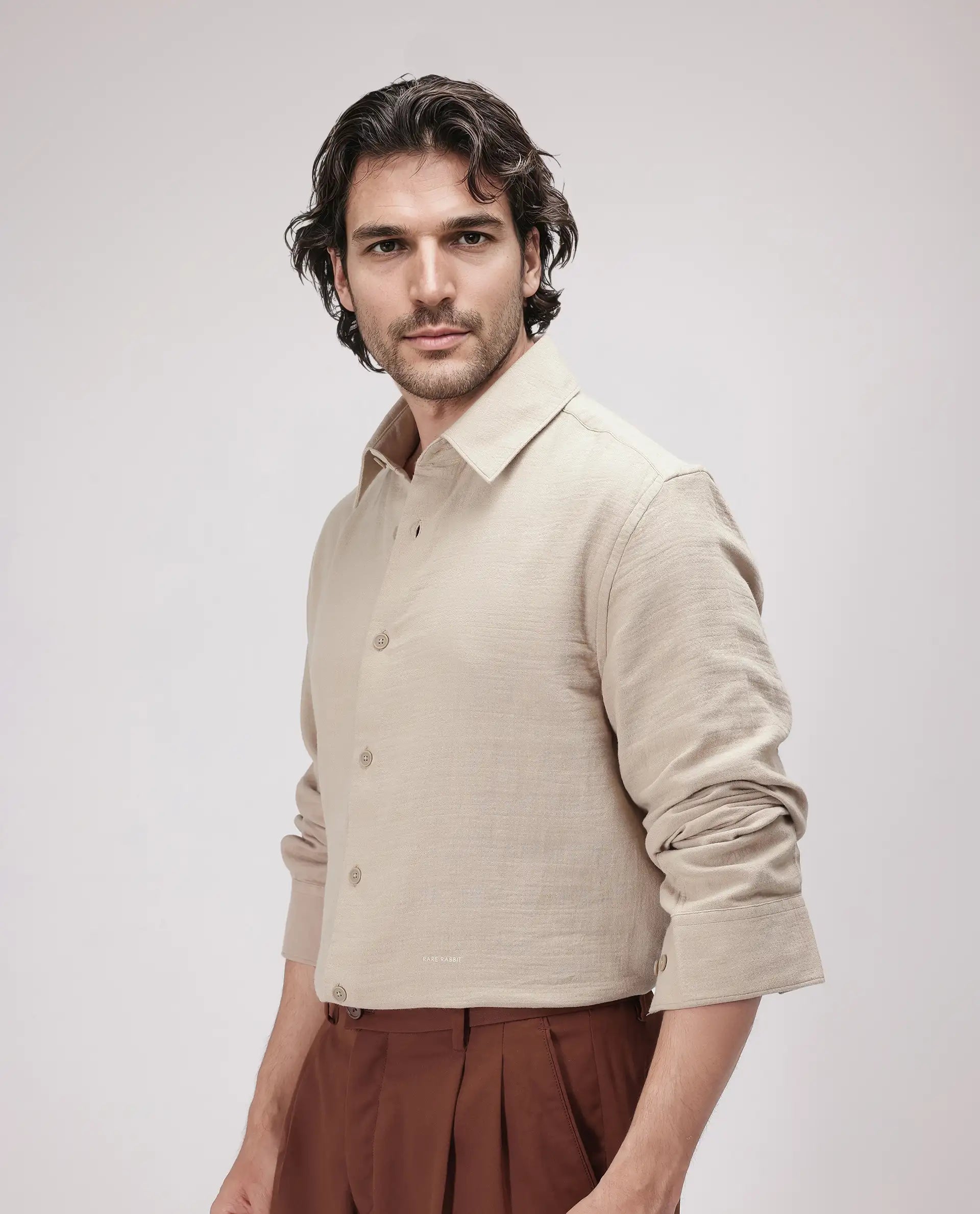 Rare Rabbit Men's Enim Beige Cotton Fabric Full Sleeve Spread Collar Button Closure Relaxed Fit Plain Shirt