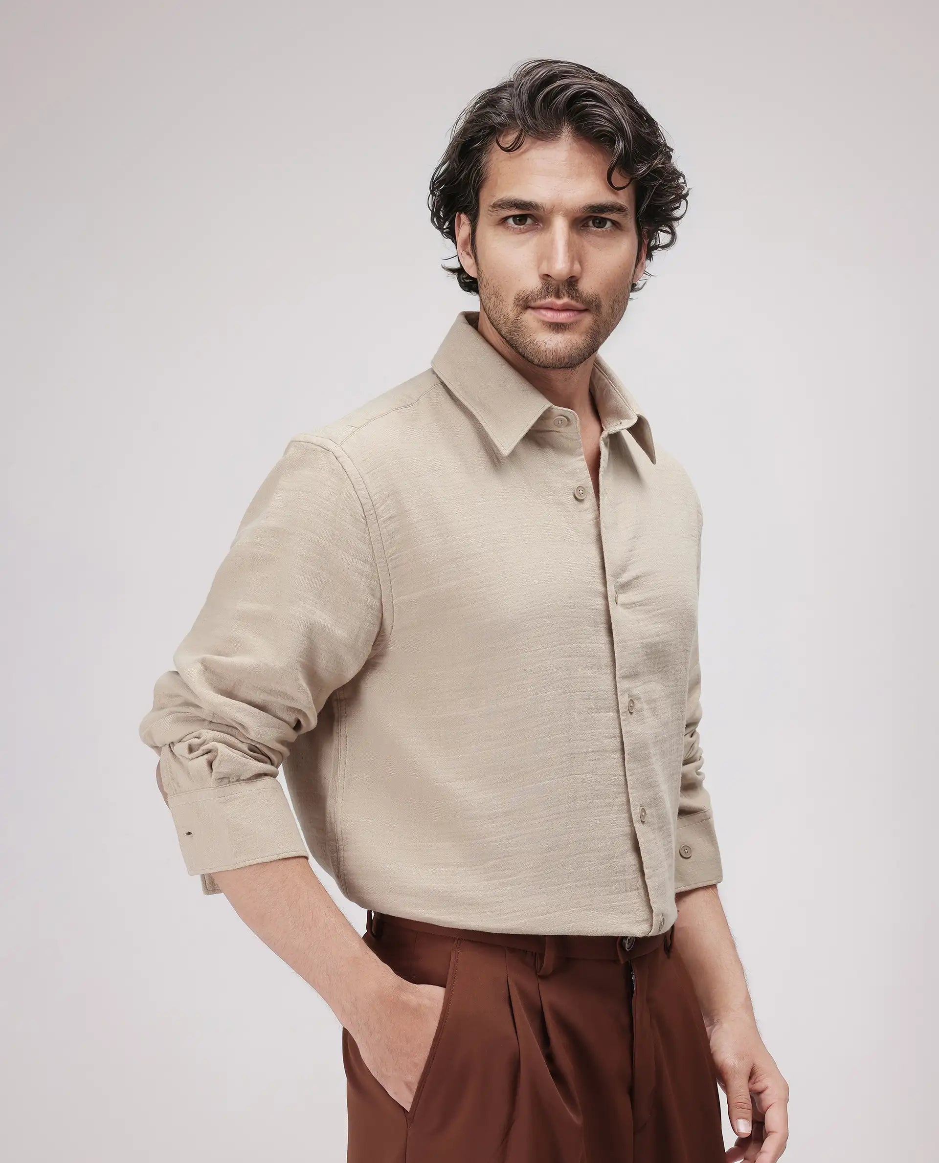 Rare Rabbit Men's Enim Beige Cotton Fabric Full Sleeve Spread Collar Button Closure Relaxed Fit Plain Shirt