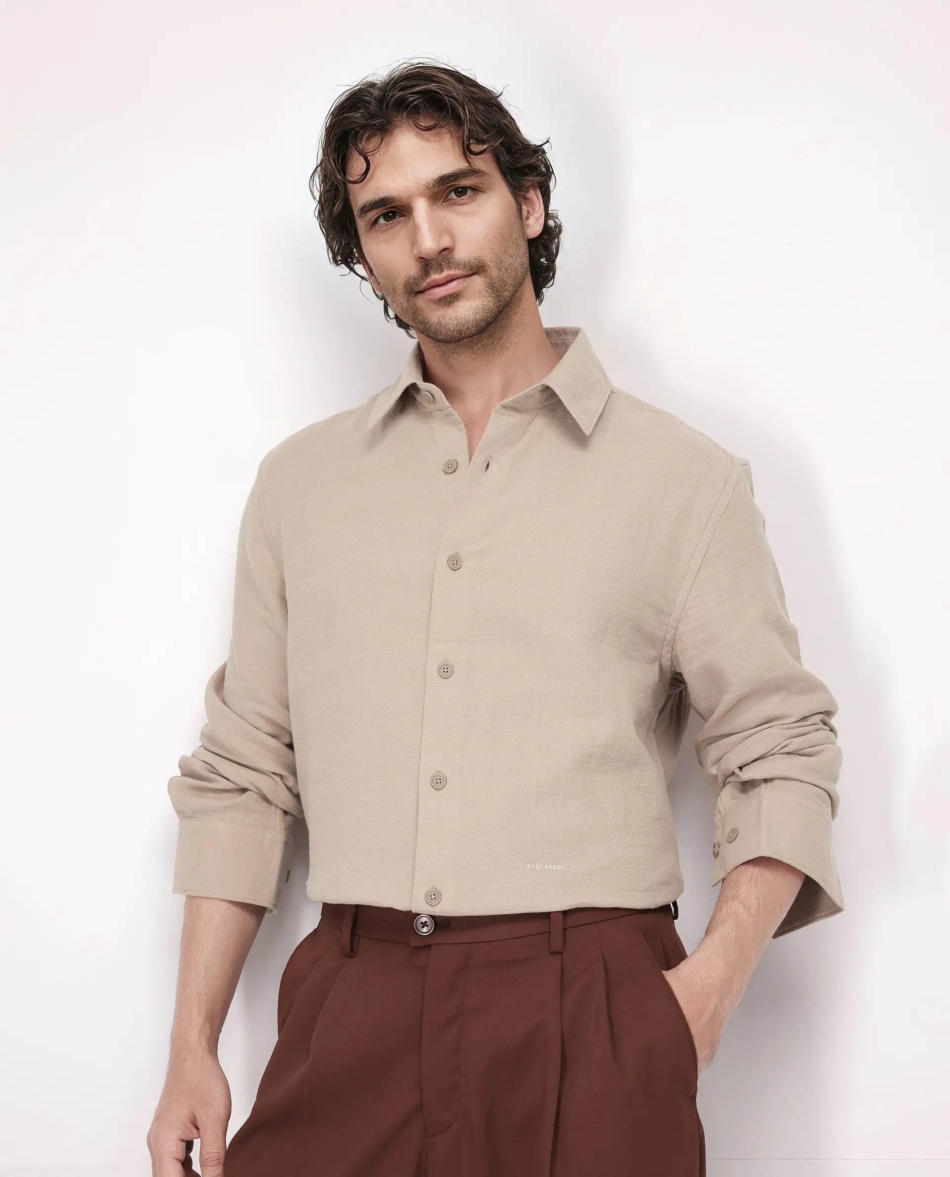 Rare Rabbit Men's Enim Beige Cotton Fabric Full Sleeve Spread Collar Button Closure Relaxed Fit Plain Shirt