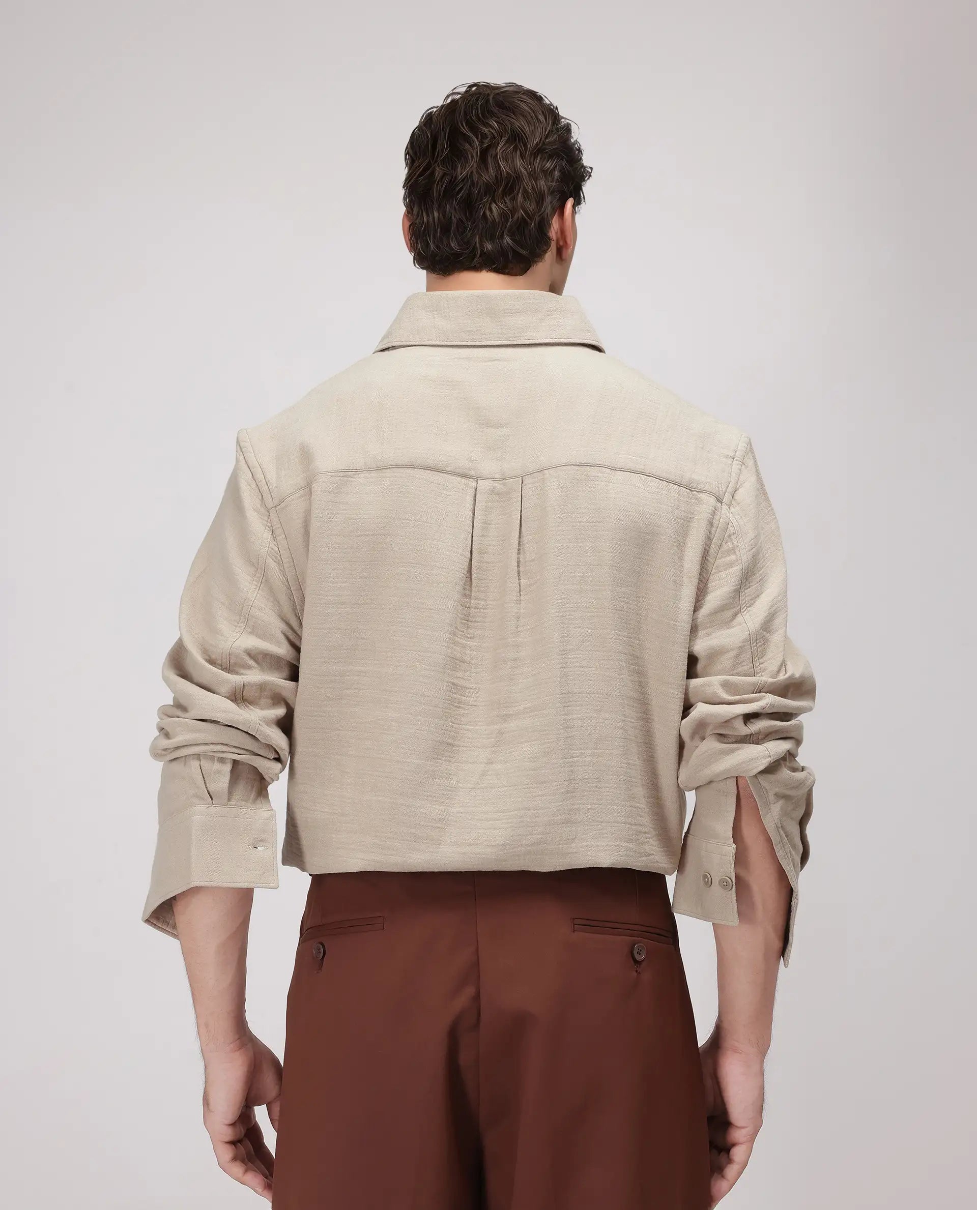 Rare Rabbit Men's Enim Beige Cotton Fabric Full Sleeve Spread Collar Button Closure Relaxed Fit Plain Shirt