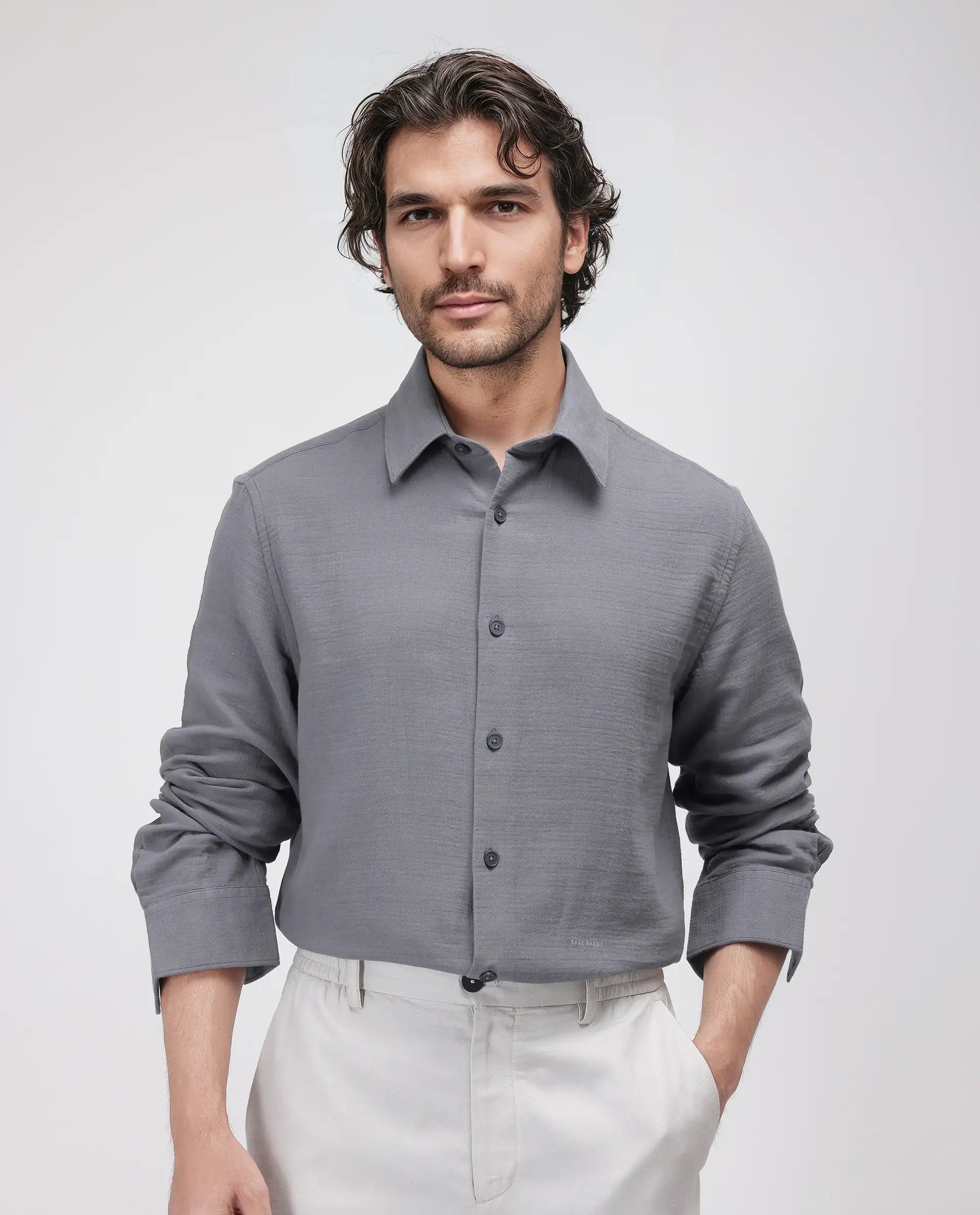 Rare Rabbit Men's Enim Dark Grey Cotton Fabric Full Sleeve Spread Collar Button Closure Plain Shirt