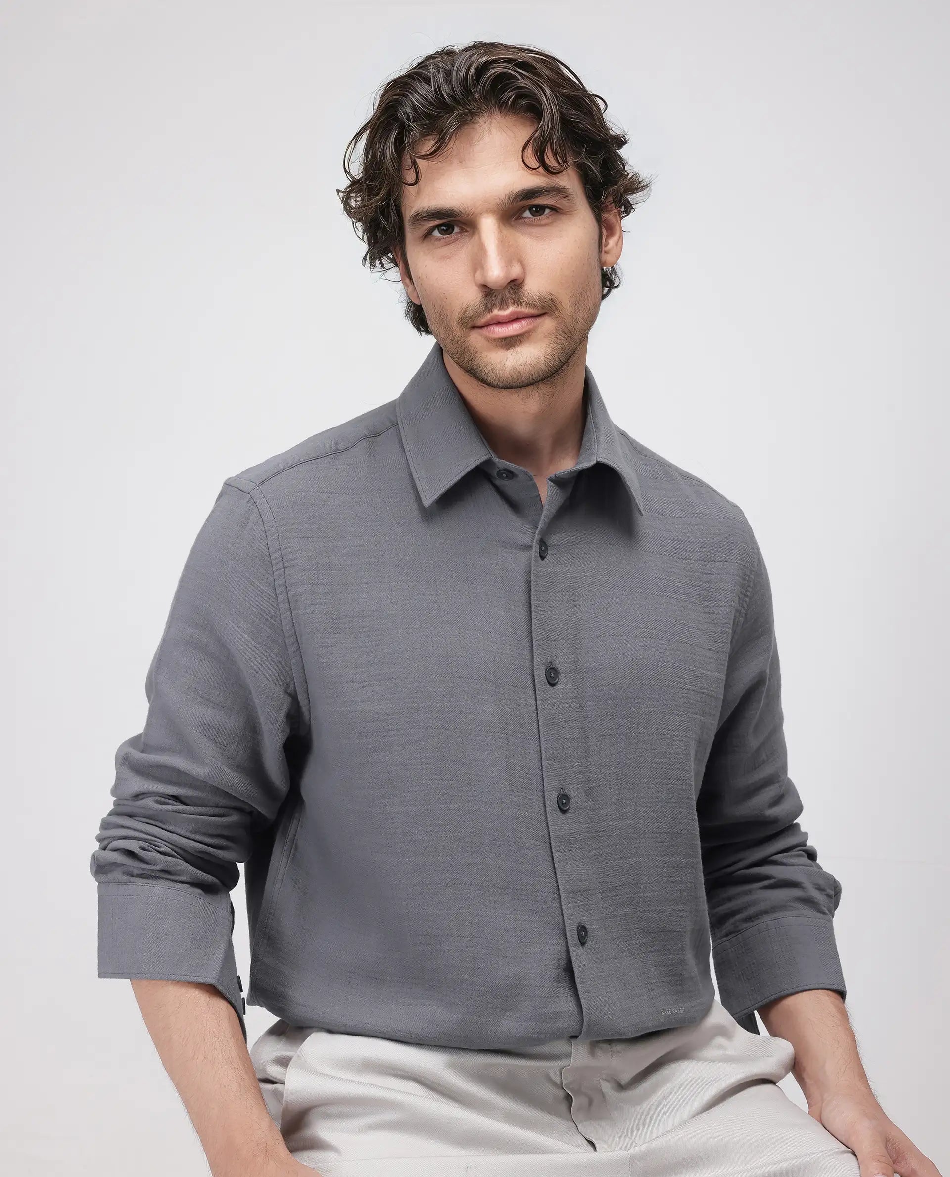 Rare Rabbit Men's Enim Dark Grey Cotton Fabric Full Sleeve Spread Collar Button Closure Plain Shirt