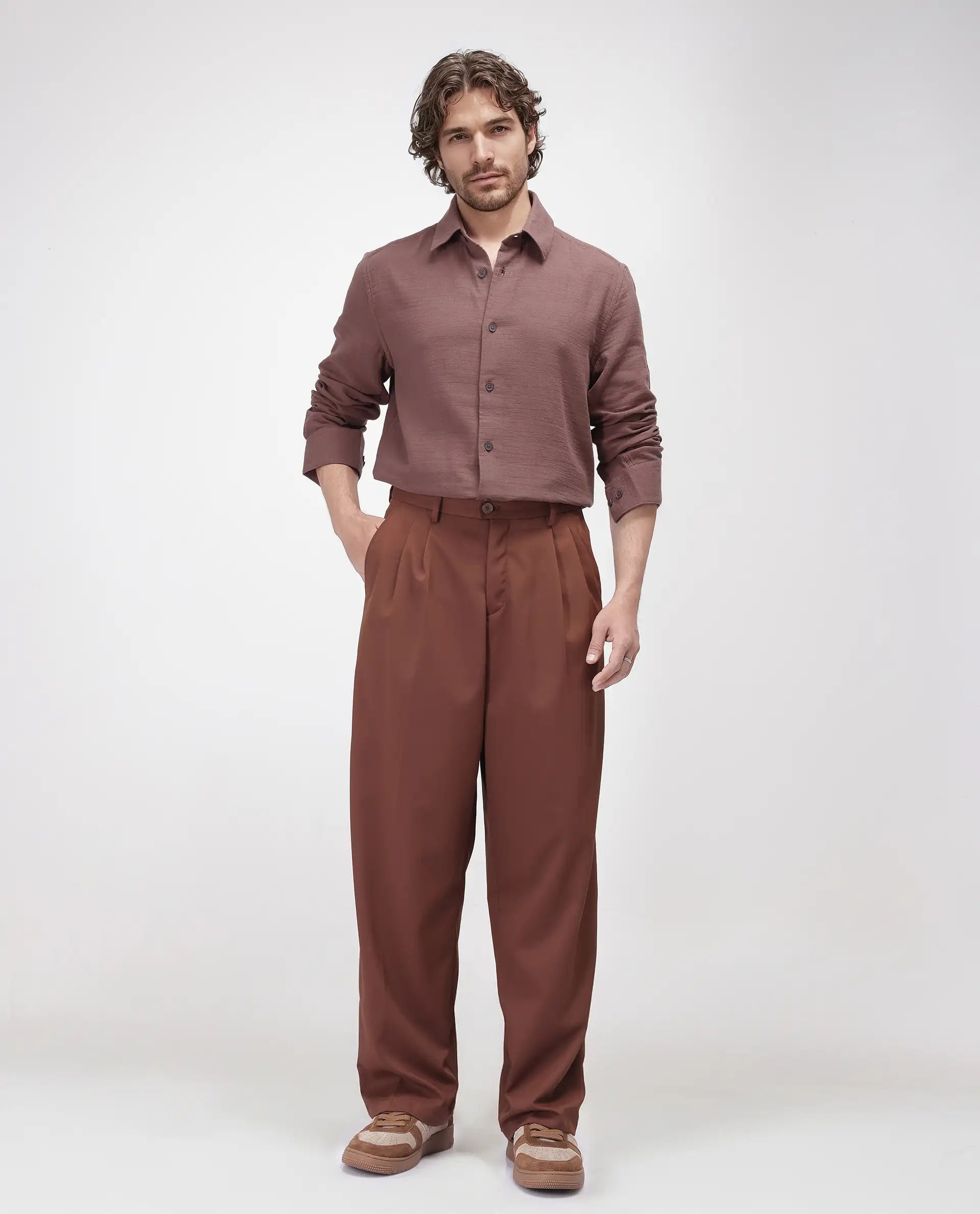 Rare Rabbit Men's Enim Dusky Maroon Cotton Fabric Full Sleeve Spread Collar Button Closure Relaxed Fit Plain Shirt