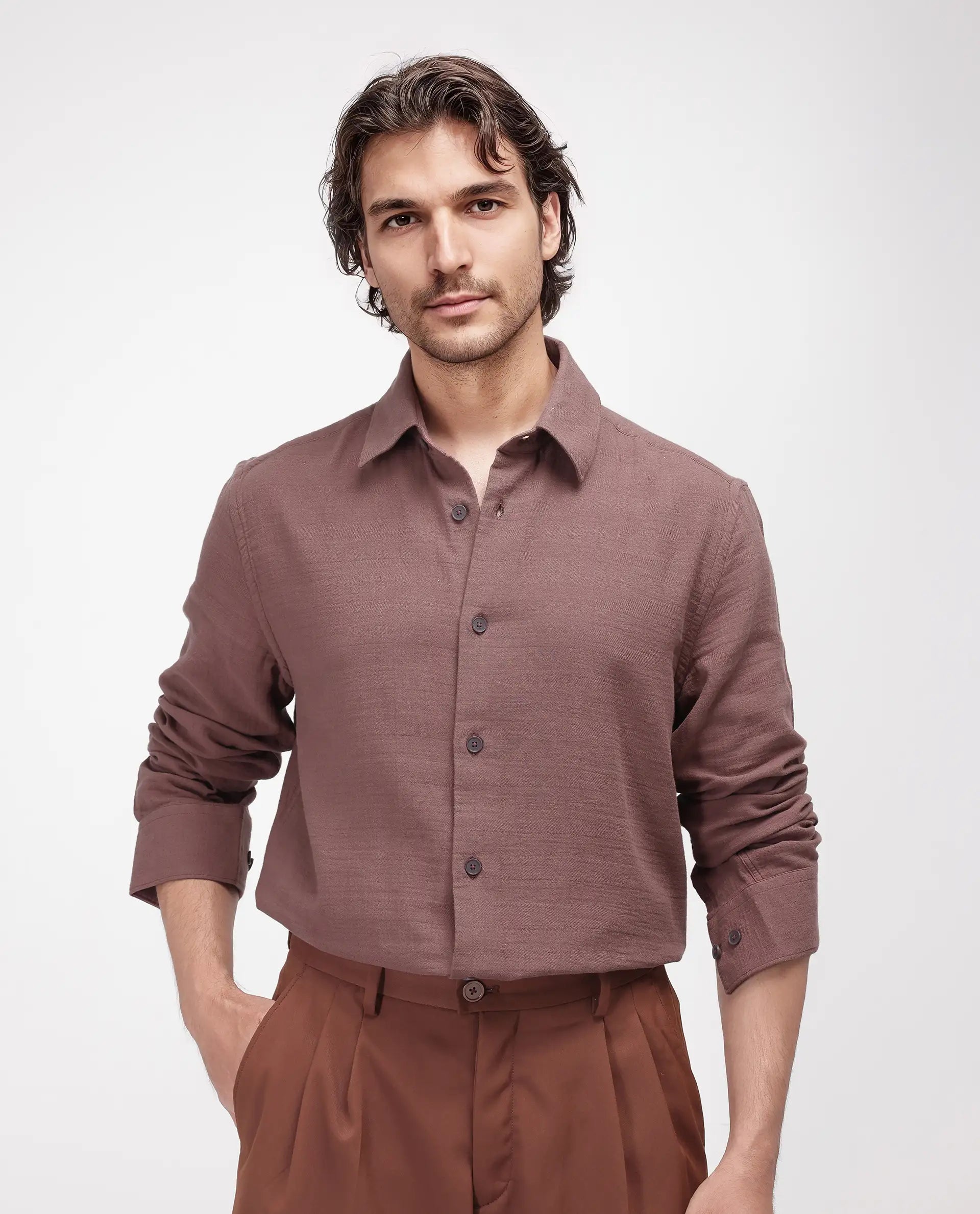 Rare Rabbit Men's Enim Dusky Maroon Cotton Fabric Full Sleeve Spread Collar Button Closure Relaxed Fit Plain Shirt