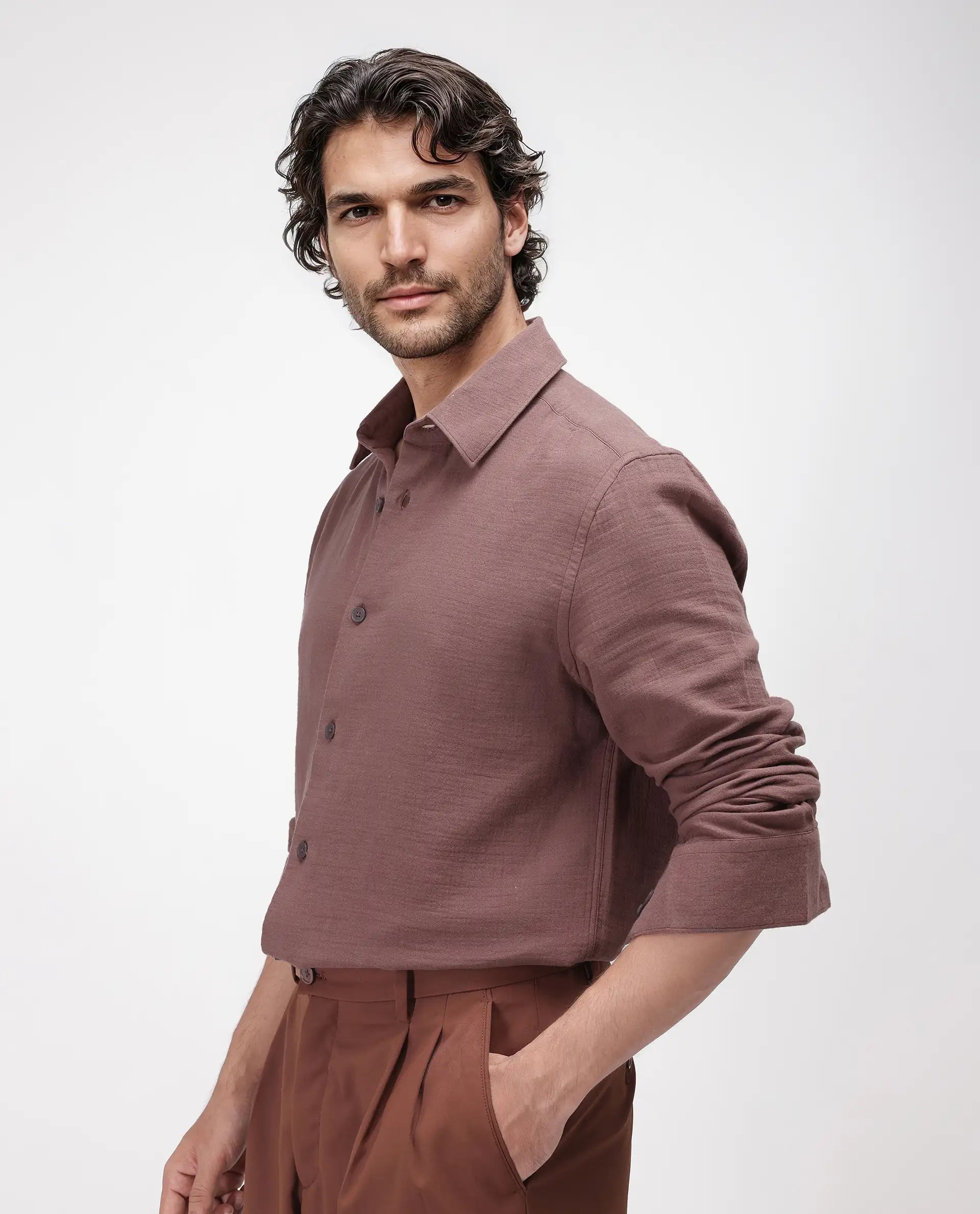 Rare Rabbit Men's Enim Dusky Maroon Cotton Fabric Full Sleeve Spread Collar Button Closure Relaxed Fit Plain Shirt