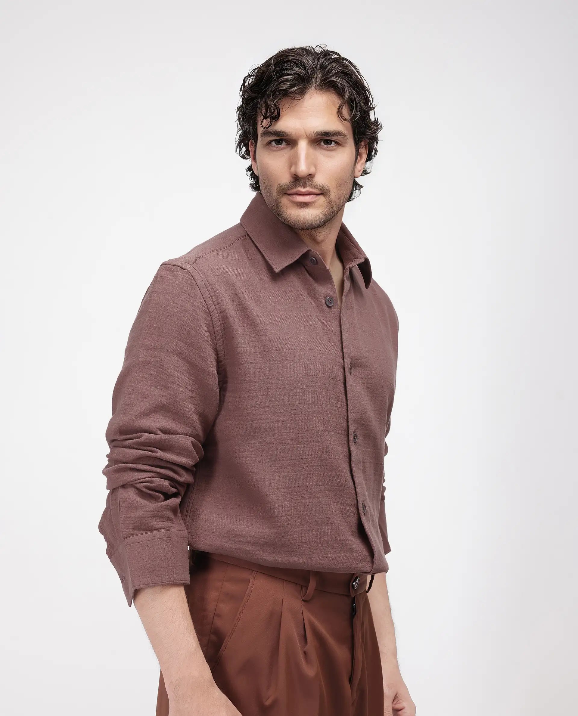 Rare Rabbit Men's Enim Dusky Maroon Cotton Fabric Full Sleeve Spread Collar Button Closure Relaxed Fit Plain Shirt