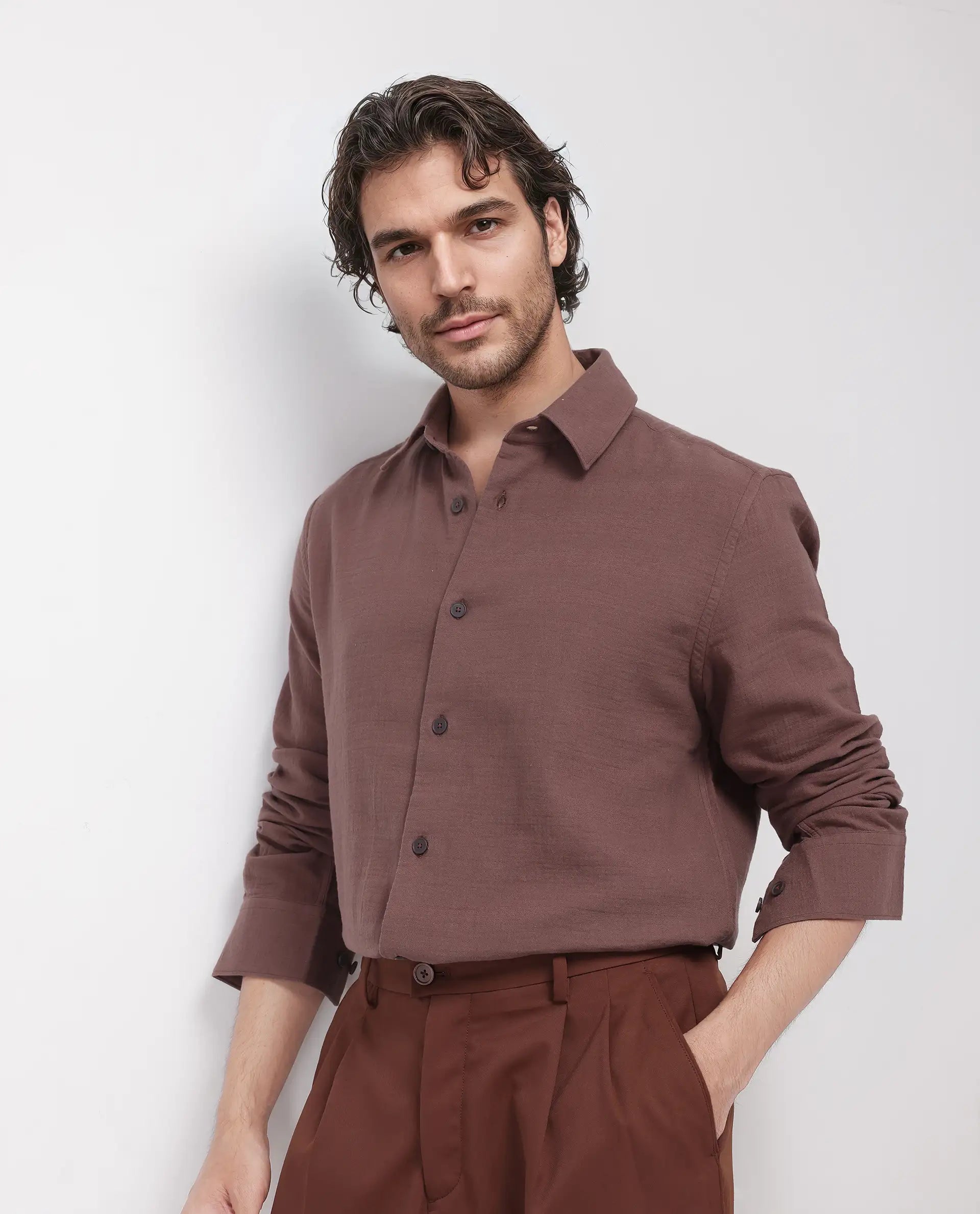 Rare Rabbit Men's Enim Dusky Maroon Cotton Fabric Full Sleeve Spread Collar Button Closure Relaxed Fit Plain Shirt