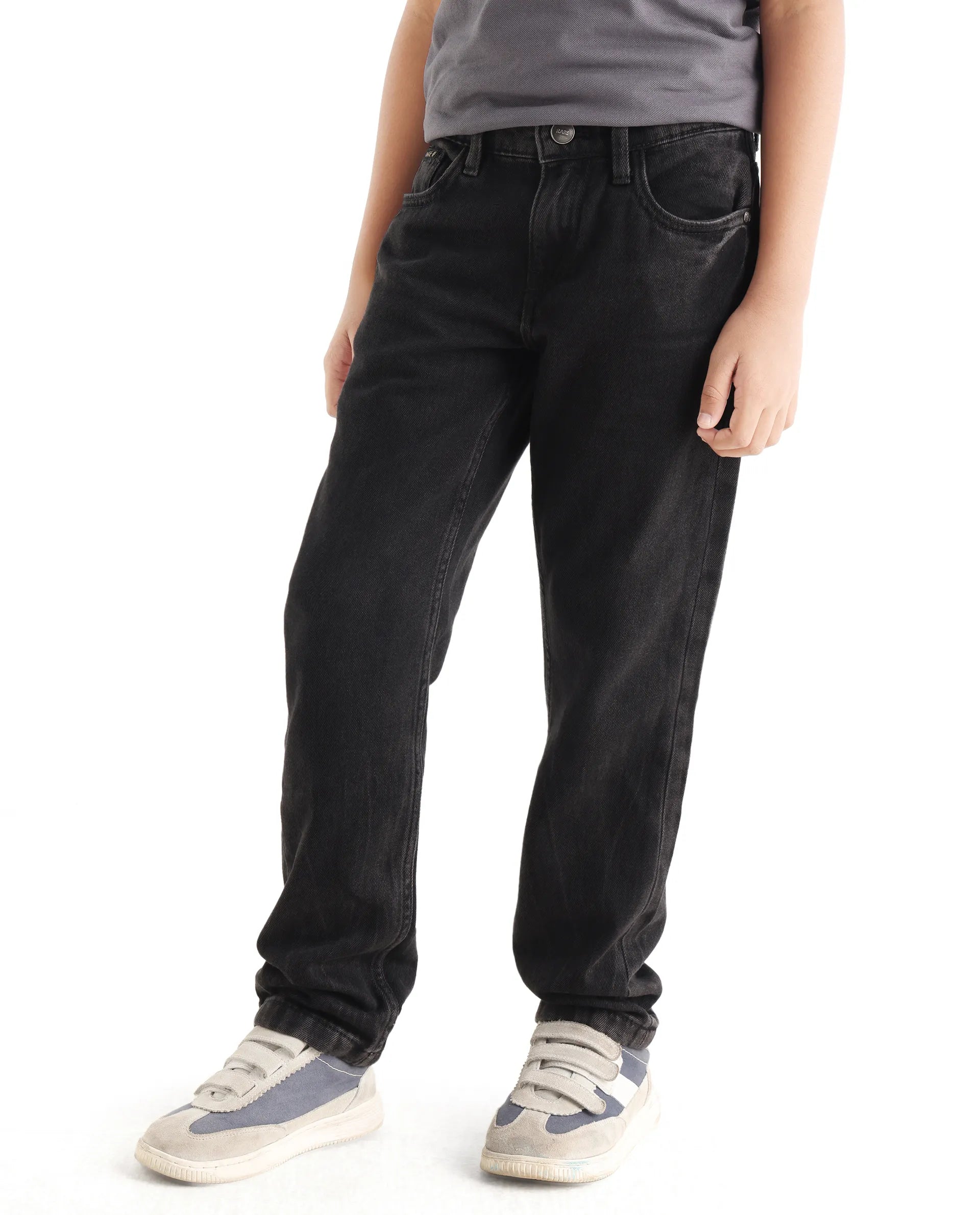 Rare Ones Kids Enim-K Grey Cotton Button Closure Plain Regular Fit Jeans